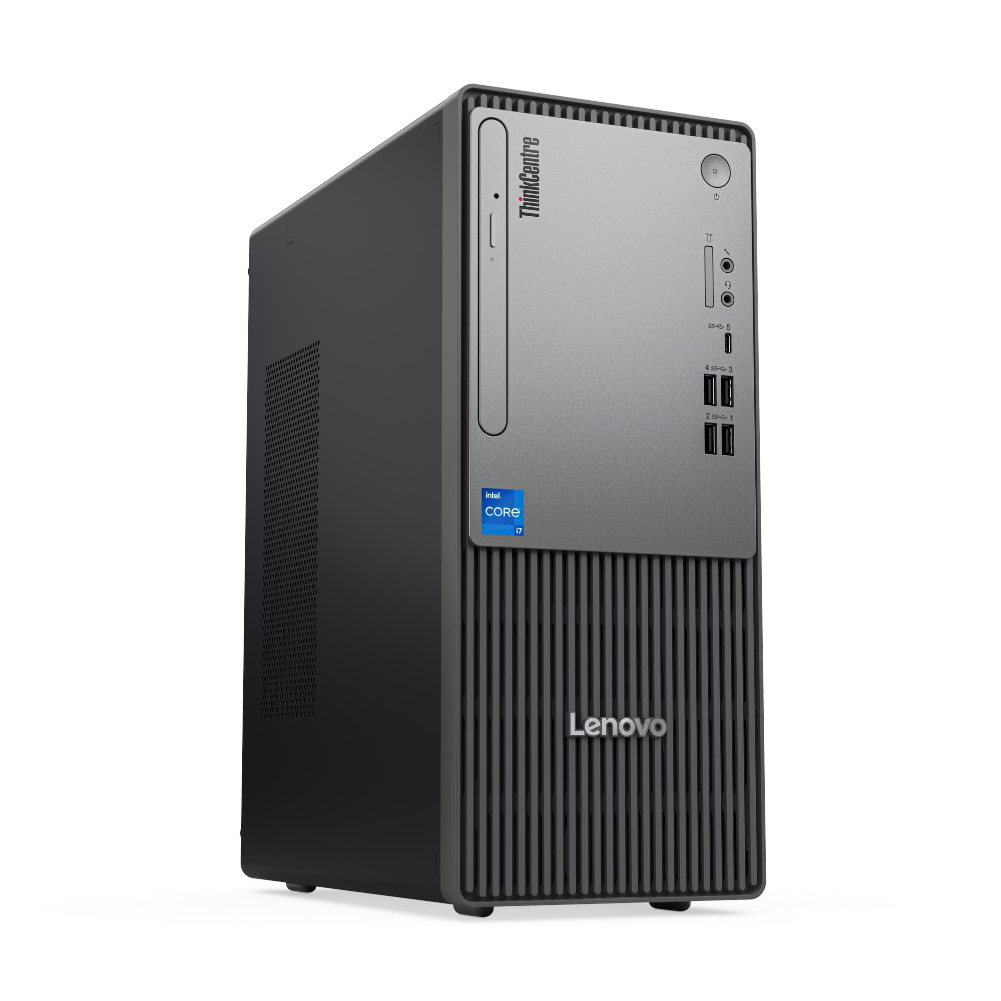Un computer desktop Lenovo ThinkCentre. È nero e grigio. L'adesivo Intel Core i7 è visibile.