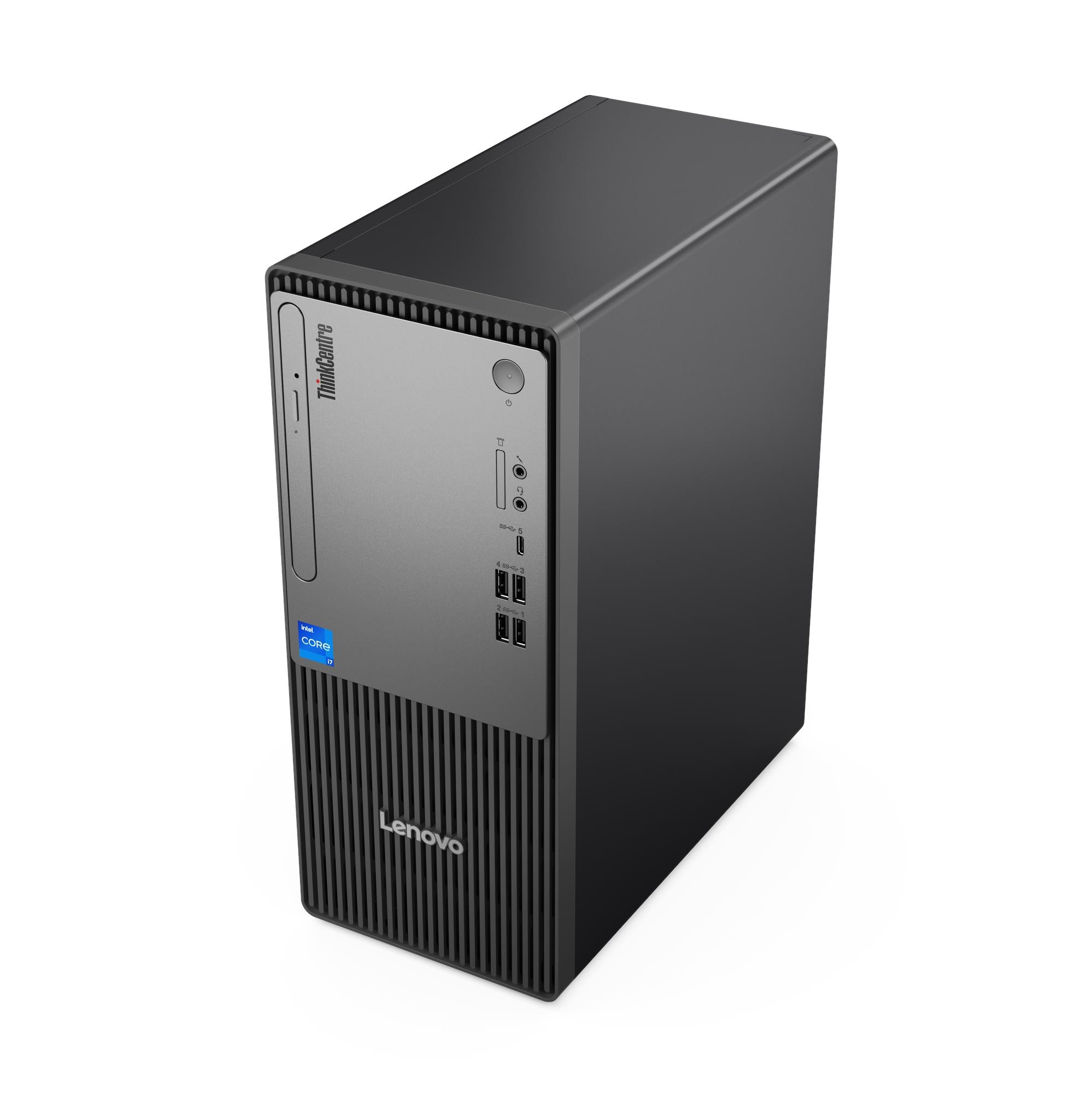 Un computer desktop Lenovo ThinkCentre. È nero e grigio, con il logo Lenovo in basso e il logo ThinkCentre.