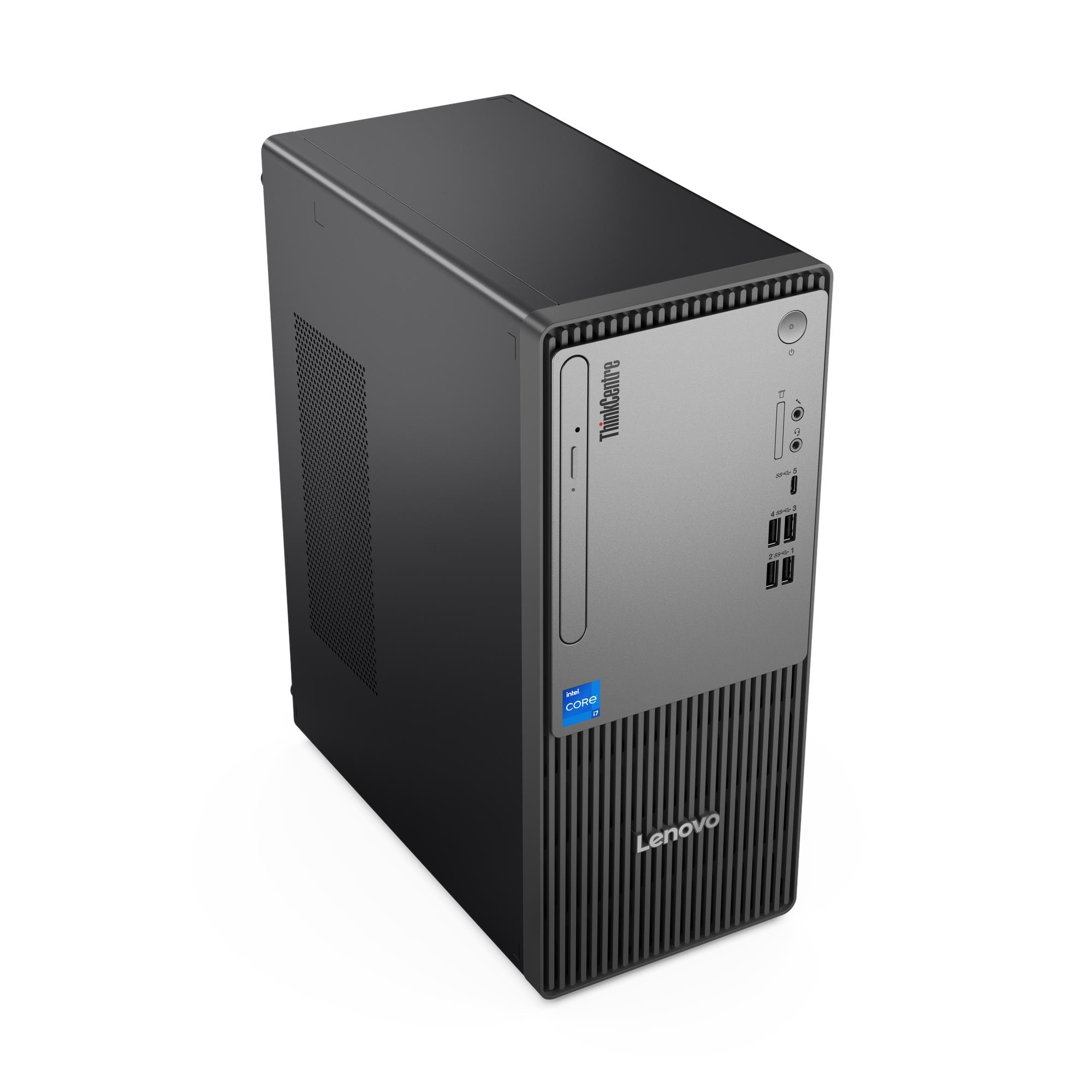 Un computer desktop Lenovo ThinkCentre. È nero e grigio, con il logo Intel Core i7. Il logo Lenovo è visibile.