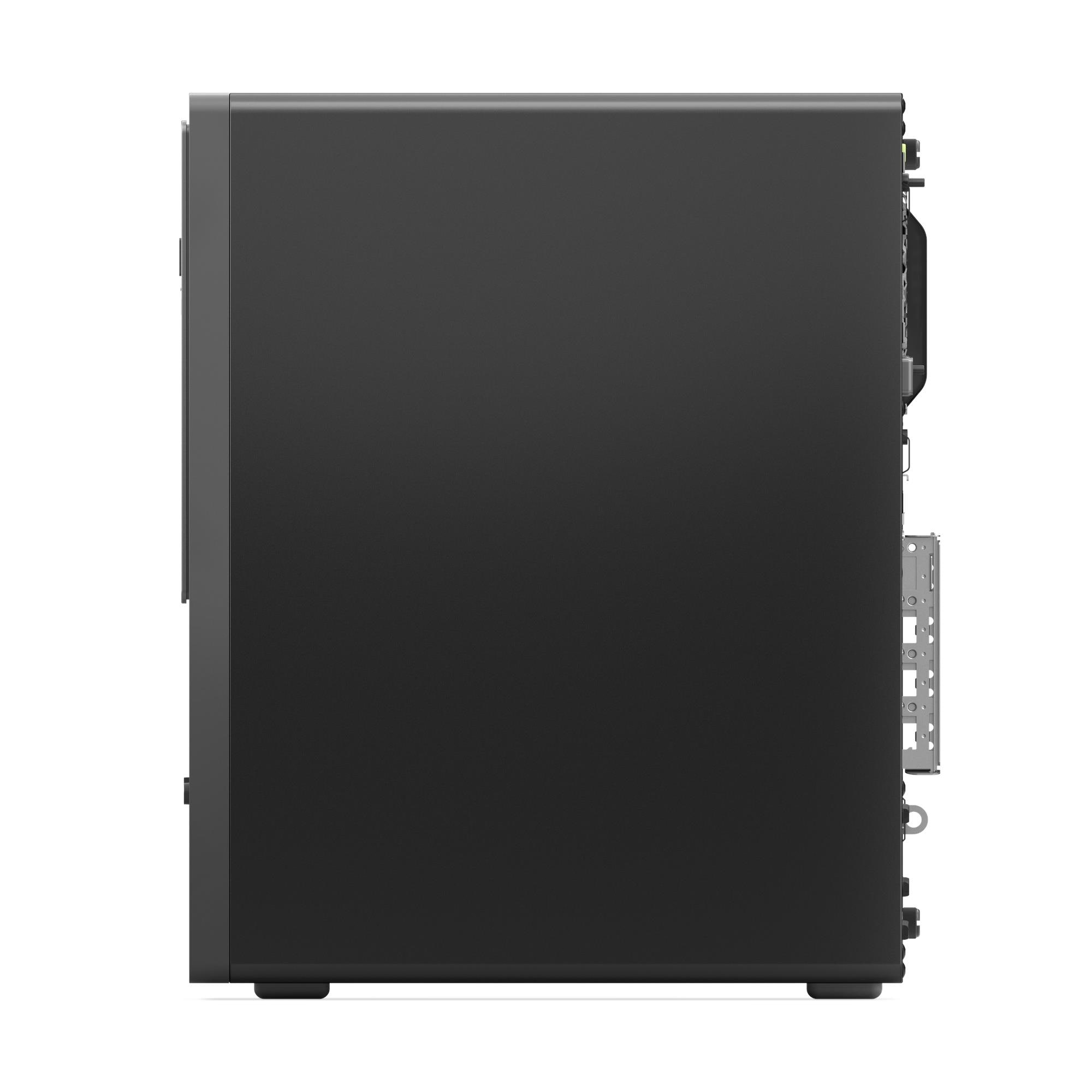 Vista laterale di un case per computer desktop nero. È rettangolare con alcune porte visibili.