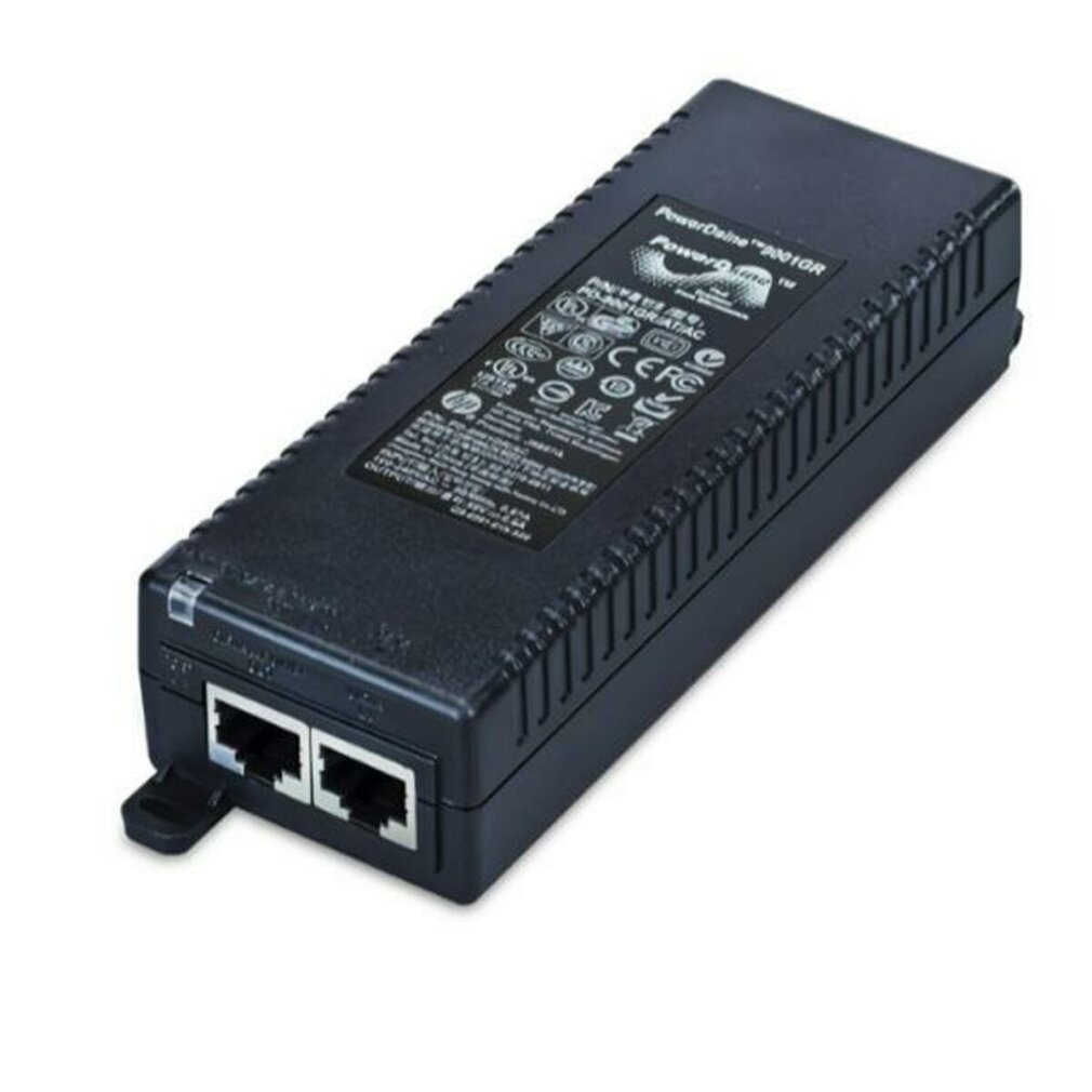 Schwarzes PowerDsine 2001GR-Gerät, zwei Ethernet-Anschlüsse, weißer Hintergrund. Enthält ein Etikett mit Text und Symbolen.