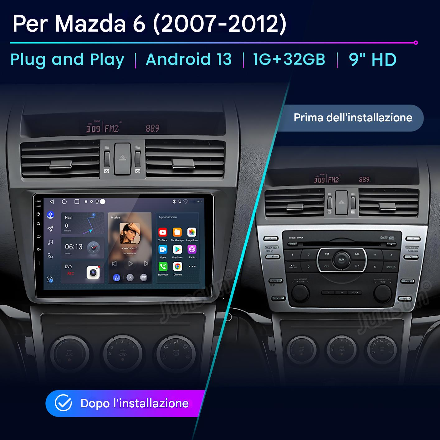 L'immagine mostra il cruscotto di un'auto prima e dopo l'installazione di un nuovo sistema Android, con opzioni di navigazione e multimedia.