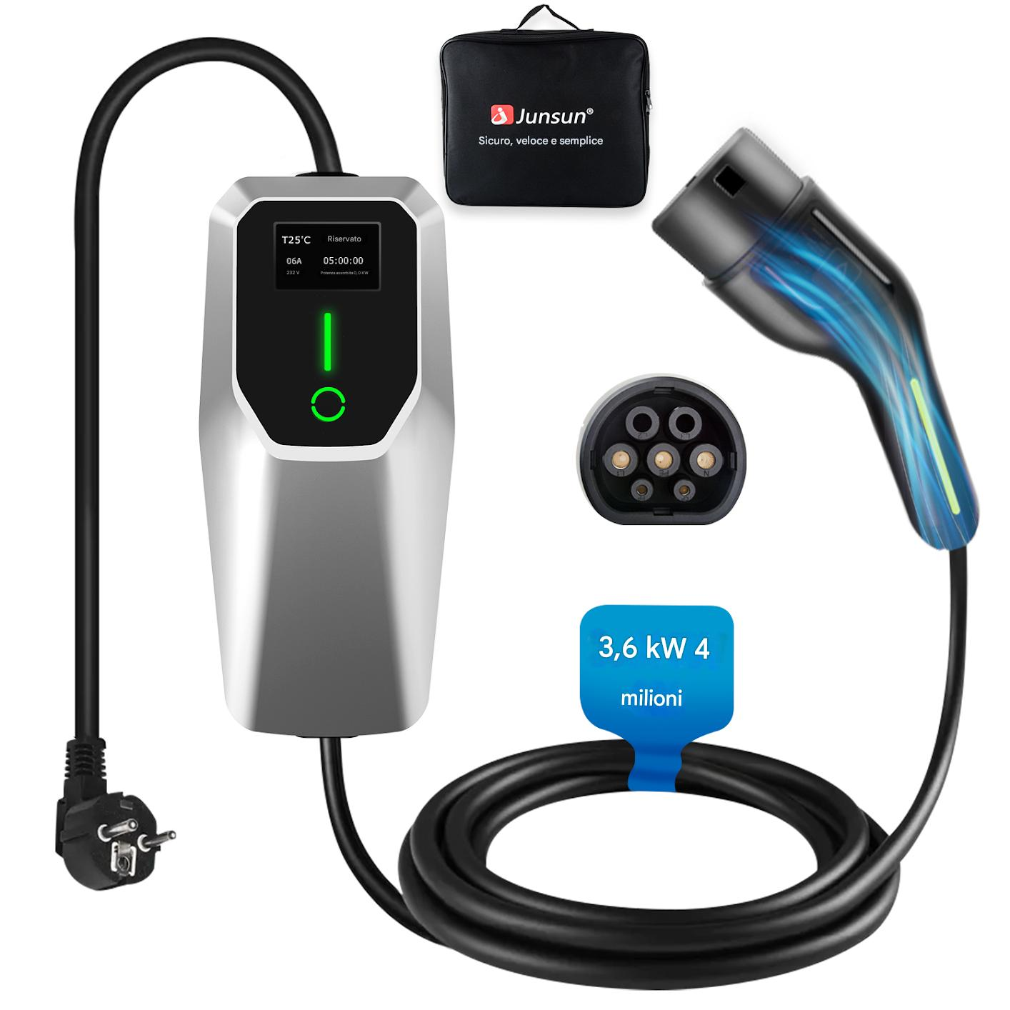 Un caricabatterie per auto elettriche con display che mostra tensione e tempo. C'è una spina di ricarica, una borsa nera e un cavo.