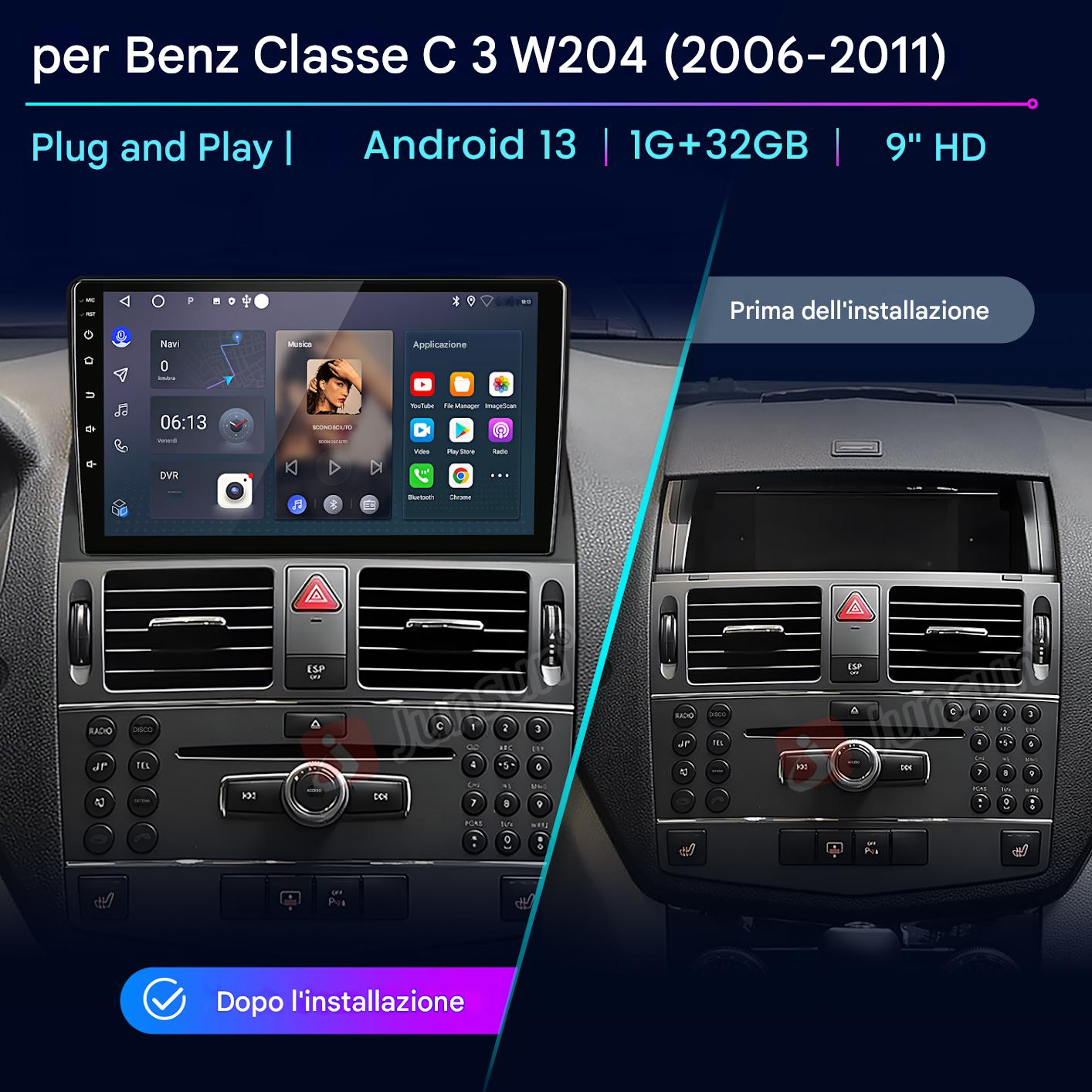 Impianto stereo per auto con Android 13. Lo schermo mostra una mappa di navigazione e icone di app. Pulsanti e controlli visibili.
