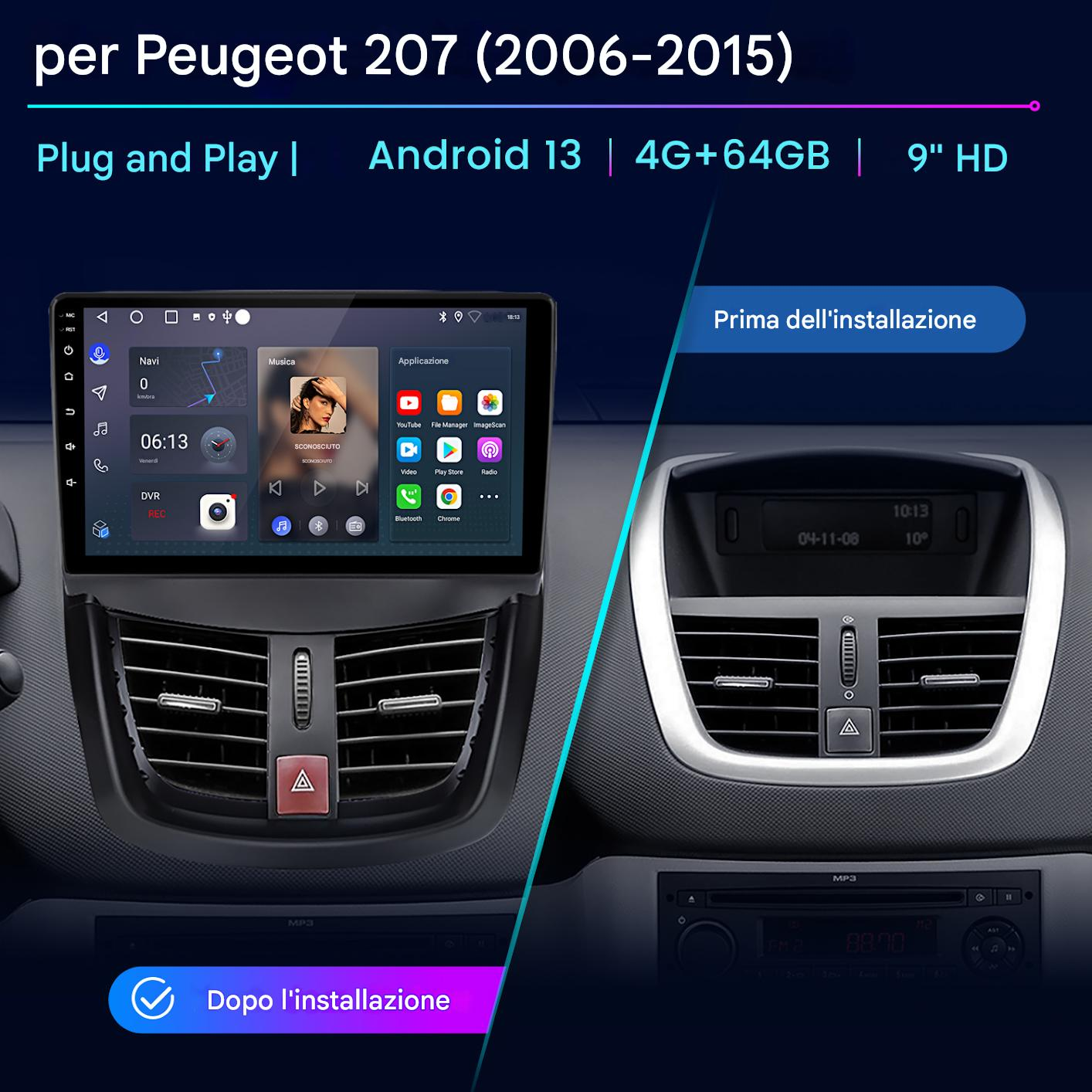 Schermo autoradio che mostra navigazione, musica e app. È visibile anche il cruscotto dell'auto.