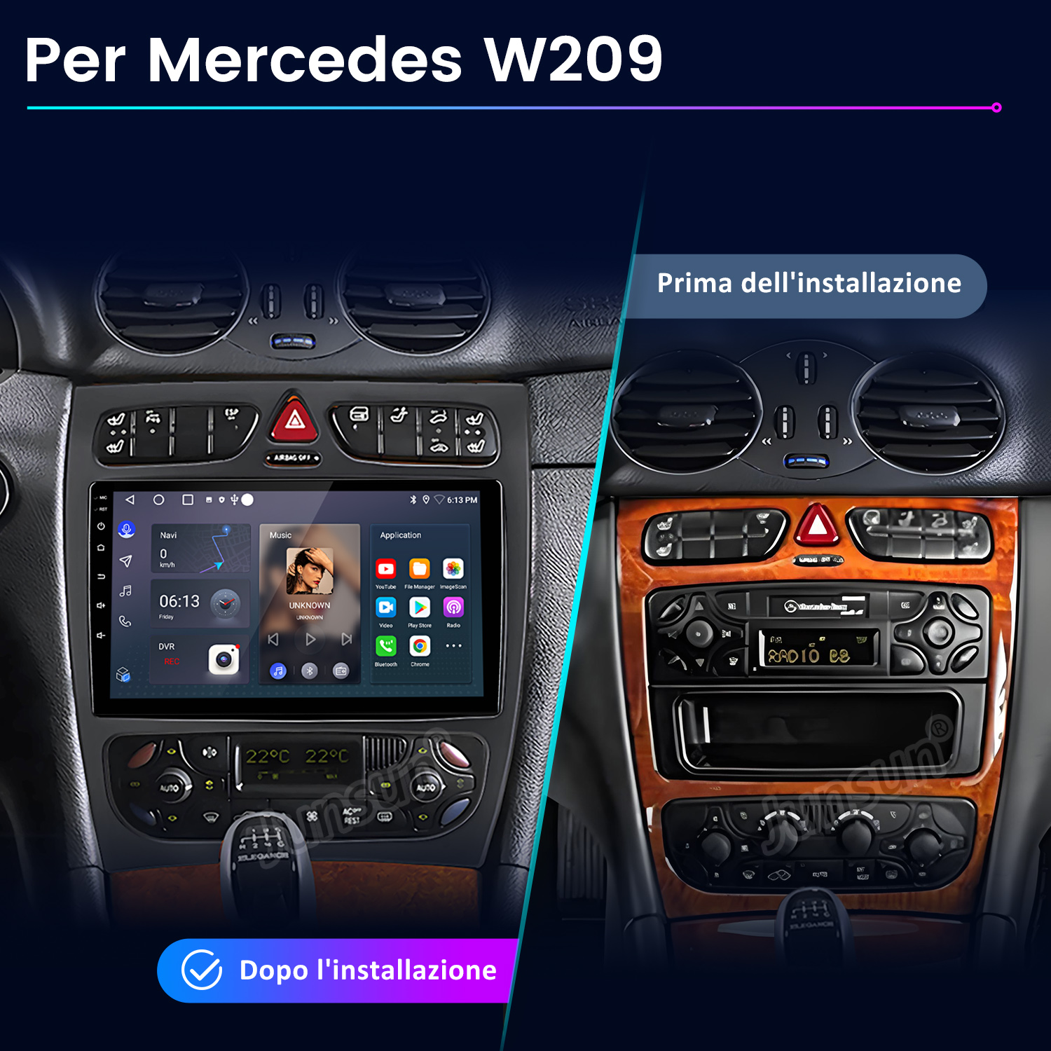 Confronto del cruscotto dell'auto prima e dopo l'installazione di un nuovo sistema multimediale, che mostra la navigazione e l'interfaccia delle applicazioni.