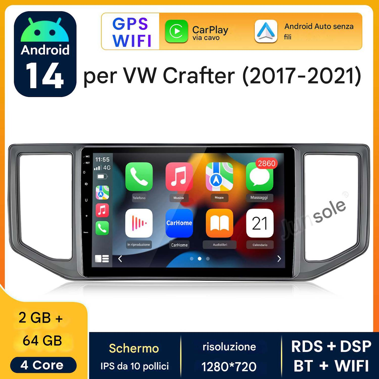 Autoradio con Android 14, GPS, WiFi e CarPlay. Mostra icone di app, specifiche tecniche e data.