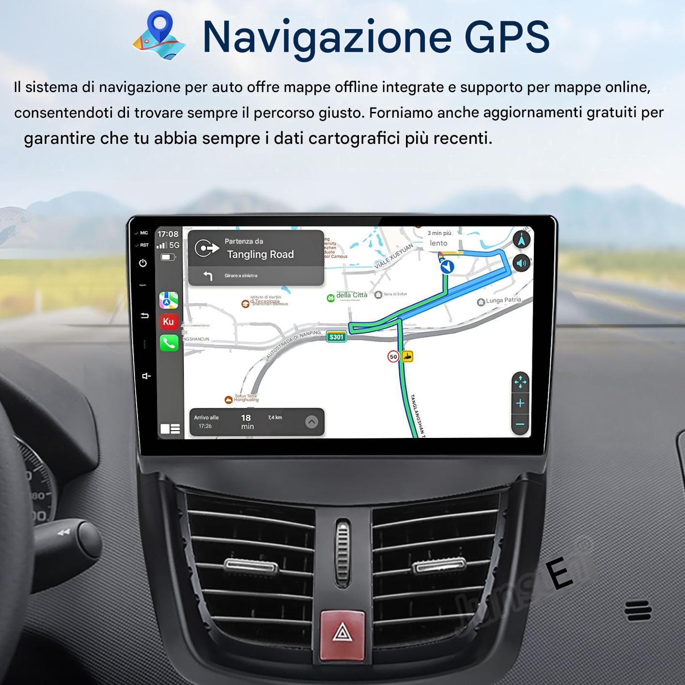 Un cruscotto di un'auto mostra uno schermo di navigazione GPS. La mappa mostra un percorso con i nomi delle strade. È visibile un pulsante rosso di pericolo.