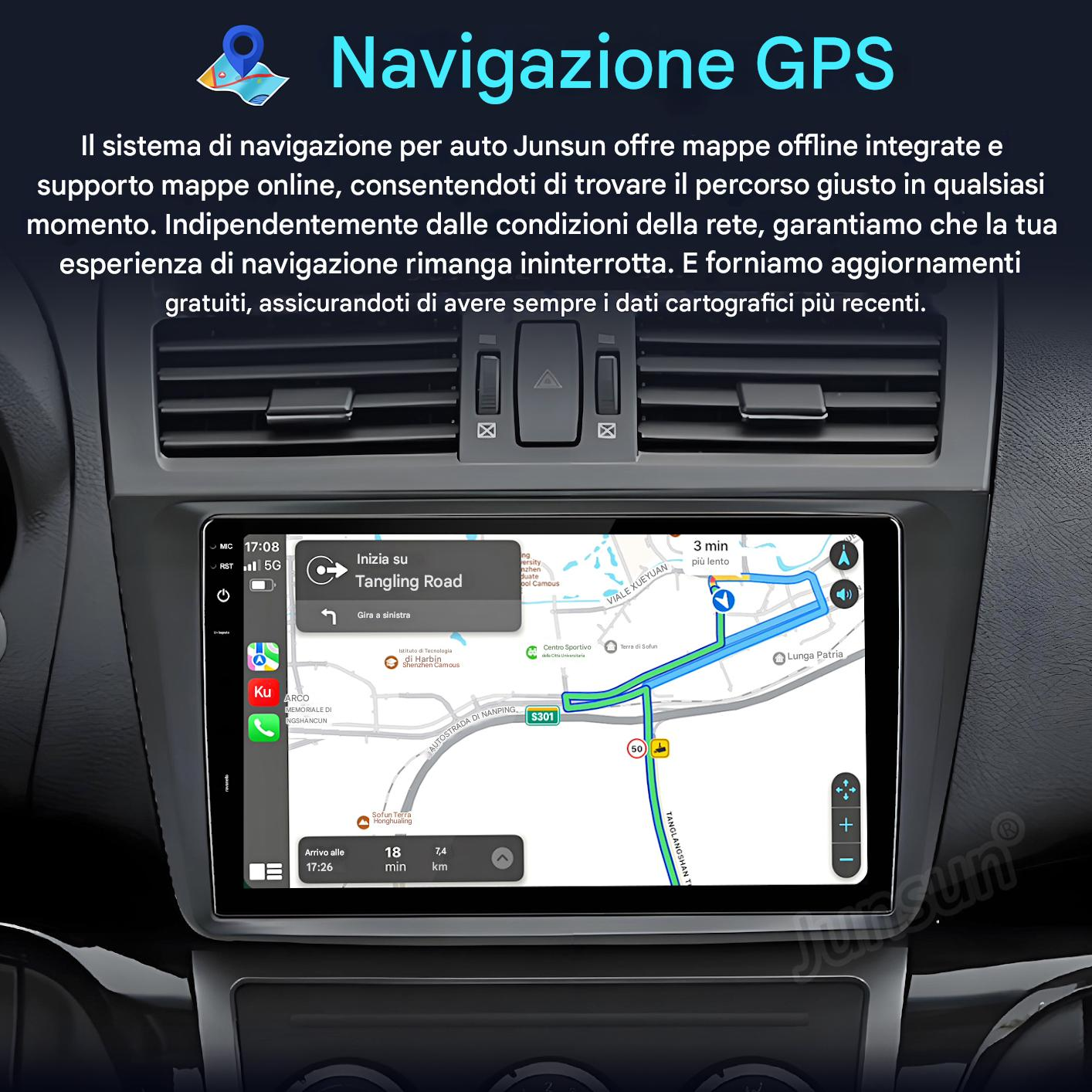 Schermo del sistema di navigazione dell'auto che mostra una mappa con indicazioni e informazioni sul percorso.