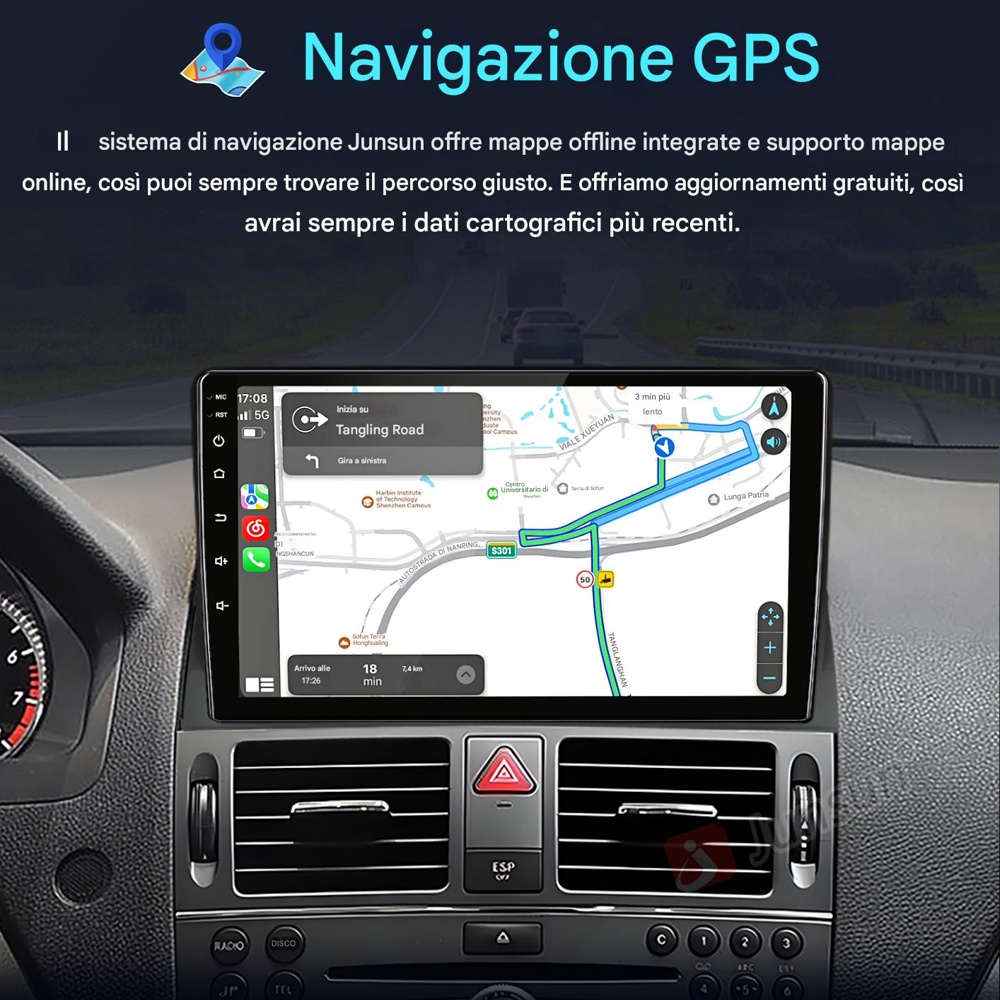 Cruscotto auto con navigazione GPS, mappa, percorso e informazioni sulla destinazione visualizzate.