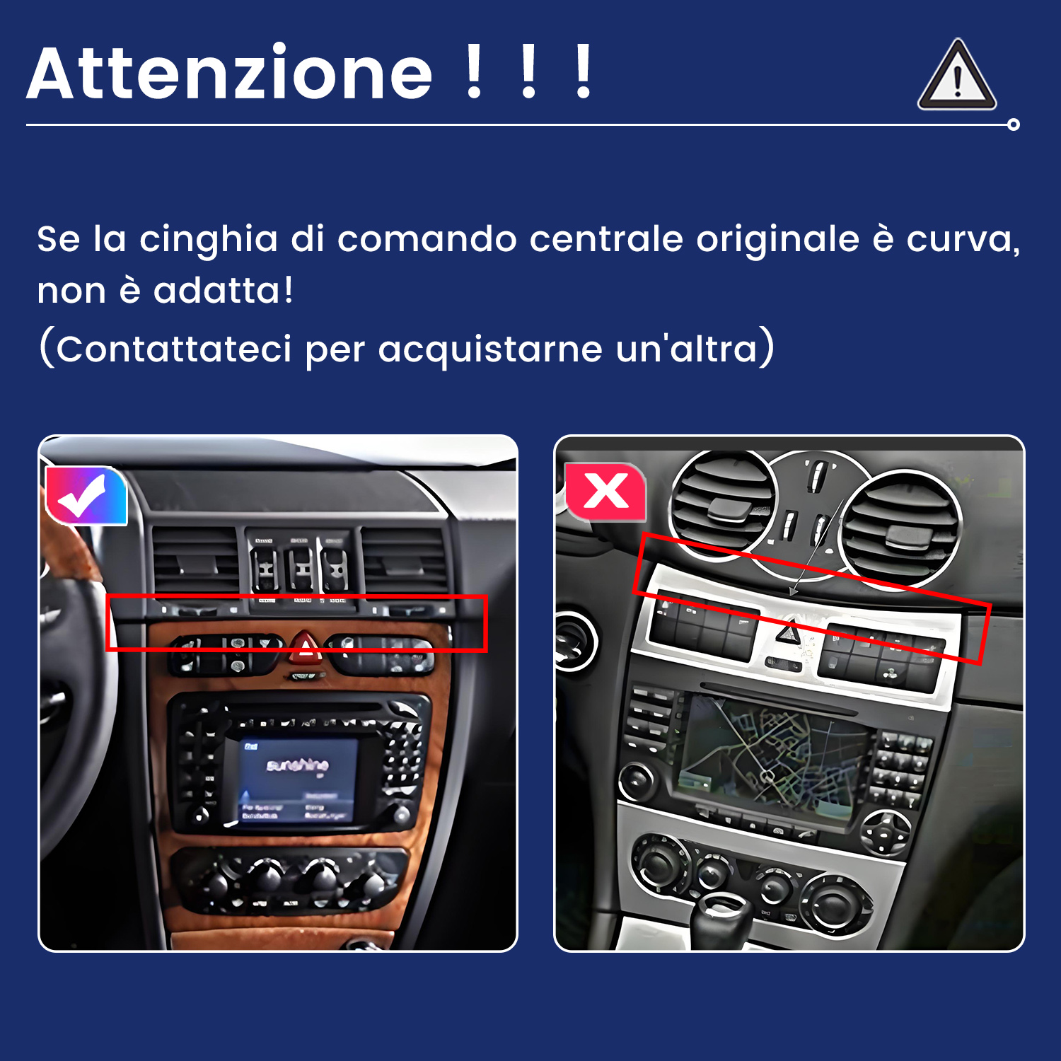 L'immagine mostra due cruscotti di auto. Quello a sinistra ha un segno di spunta, quello a destra una X. Il testo sopra avverte sulle cinture centrali curve.