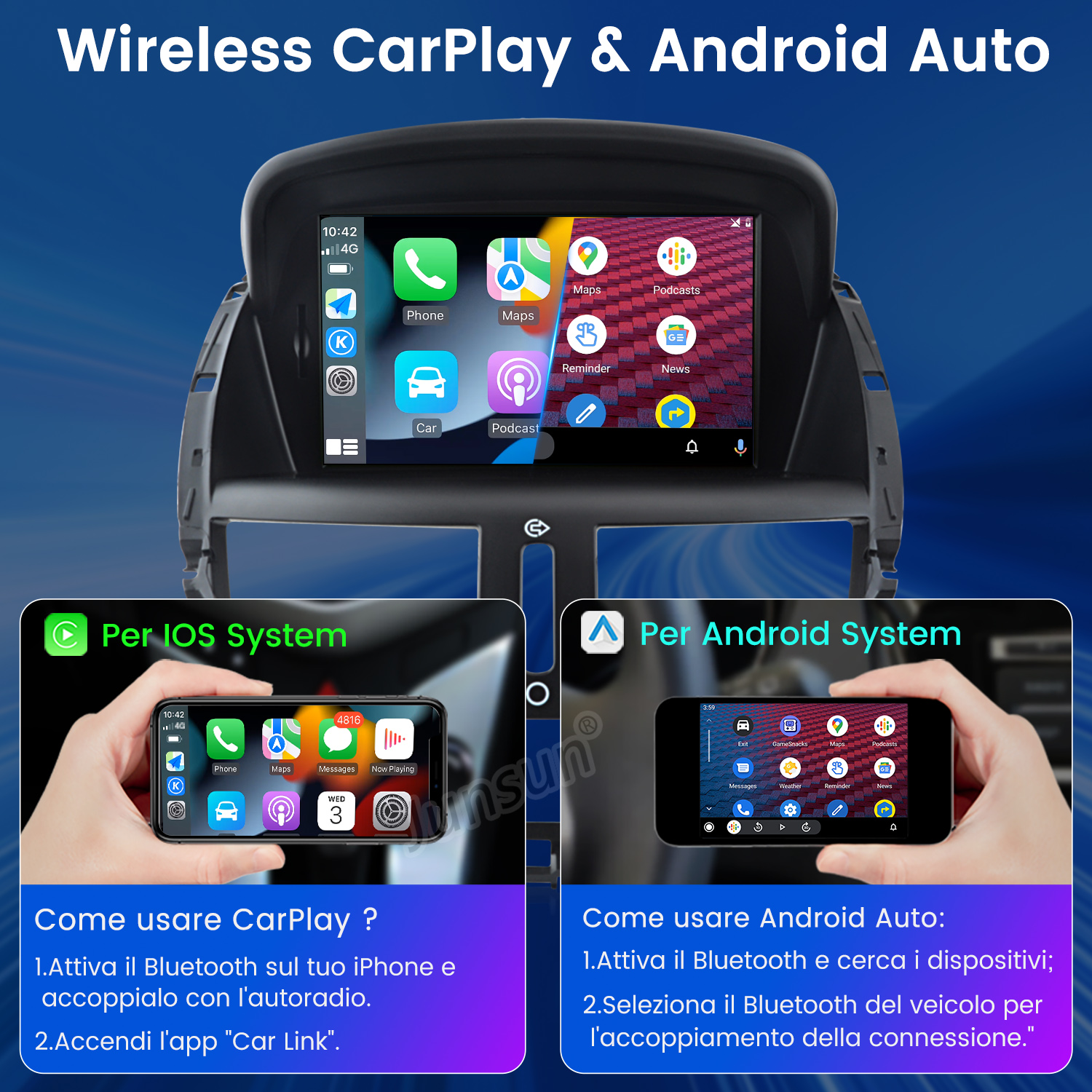 Interfaccia CarPlay e Android Auto. Mostra uno schermo dell'auto con icone di app e due telefoni che mostrano l'impostazione di CarPlay e Android Auto.