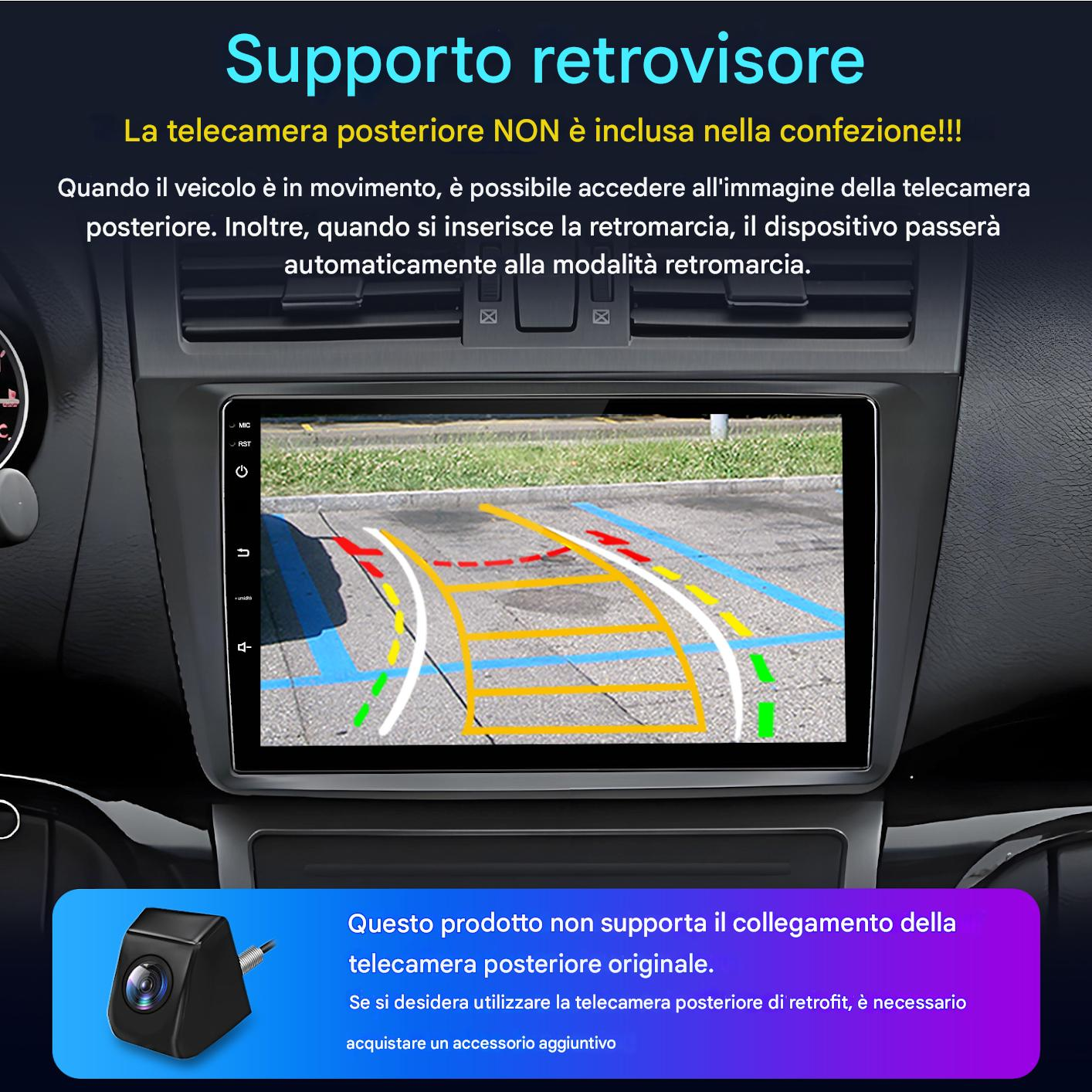 Cruscotto auto con display telecamera retromarcia con linee colorate. Piccola telecamera in basso. Testo in italiano.