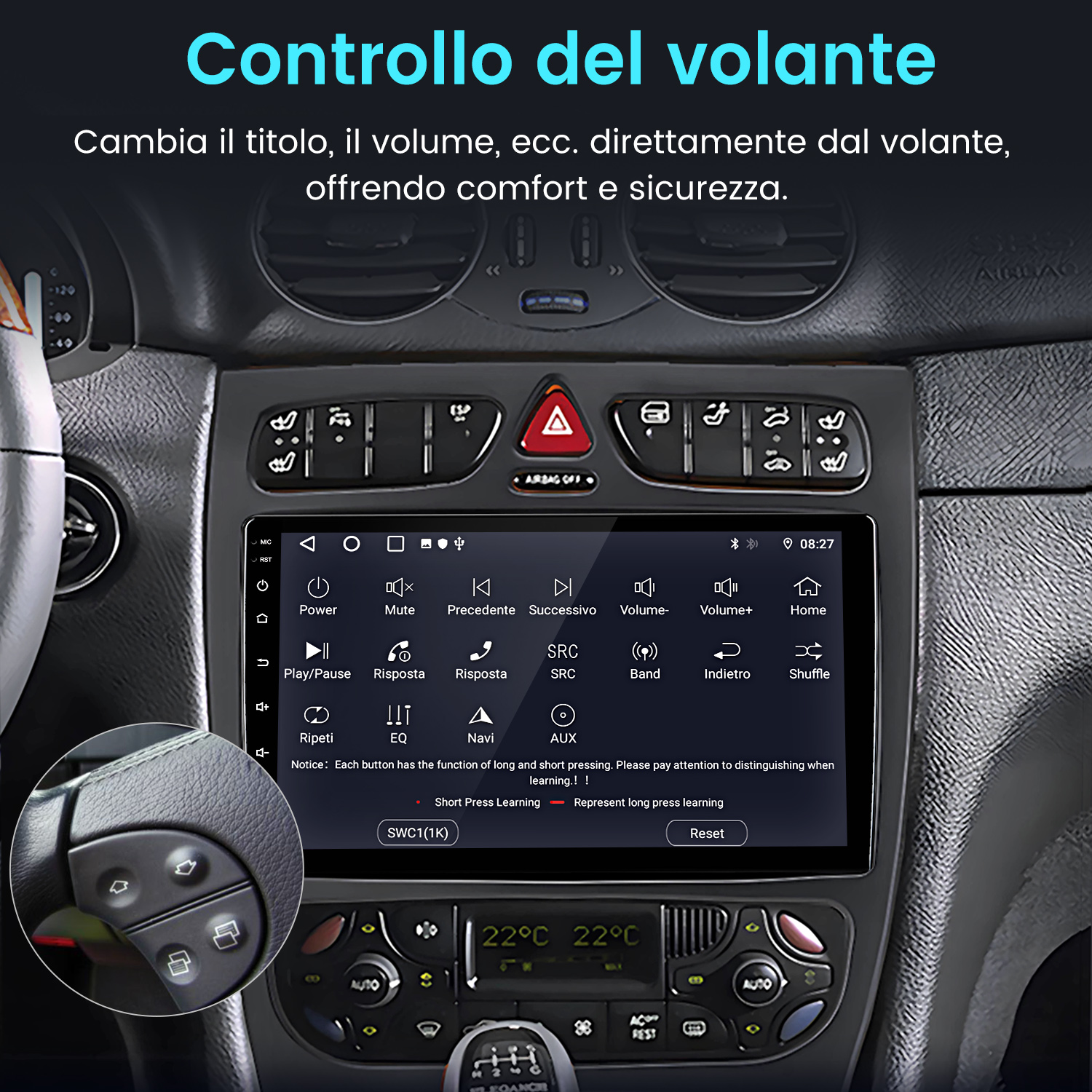 Cruscotto auto con schermo che mostra controlli, pulsanti e temperature. Pulsanti del volante visibili.