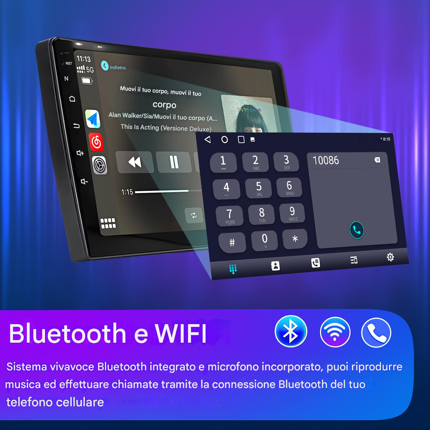Schermo autoradio che mostra musica e un dialer telefonico. Vengono visualizzate icone Bluetooth e Wi-Fi. Testo in italiano.