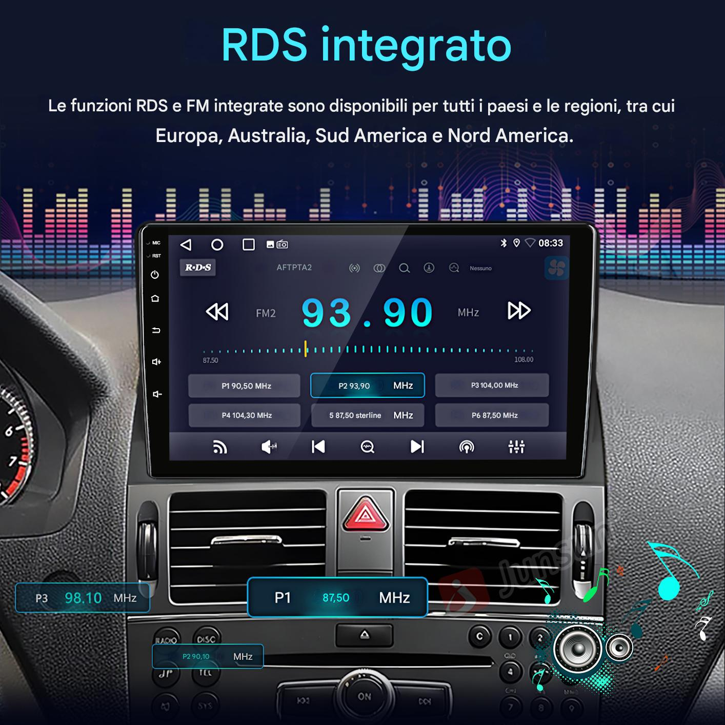 Schermo della radio dell'auto che mostra la frequenza FM 93,90 MHz. Il testo in alto dice RDS integrato. Altri pulsanti e controlli sono visibili.