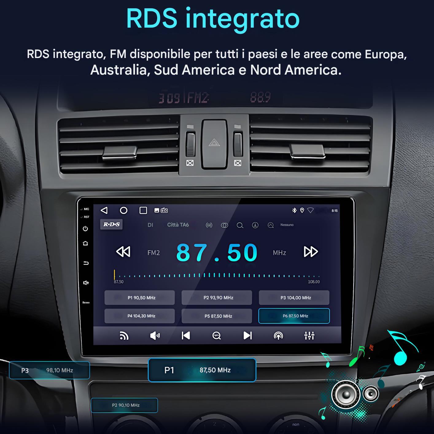 Schermo autoradio che mostra informazioni radio FM. Mostra la frequenza 87,50 MHz, il logo RDS e altre impostazioni. Interni auto visibili.