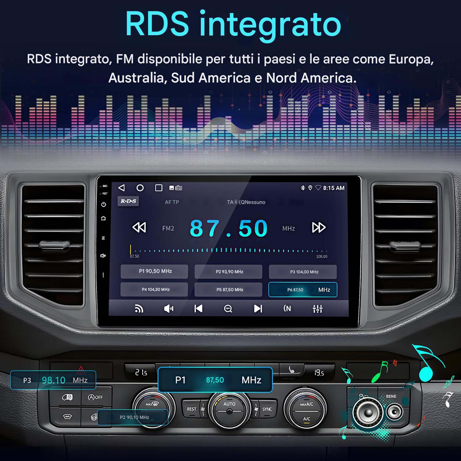 Schermo autoradio che mostra info radio. RDS integrato, con frequenza 87,50 MHz e comandi. Lo sfondo mostra il cruscotto.