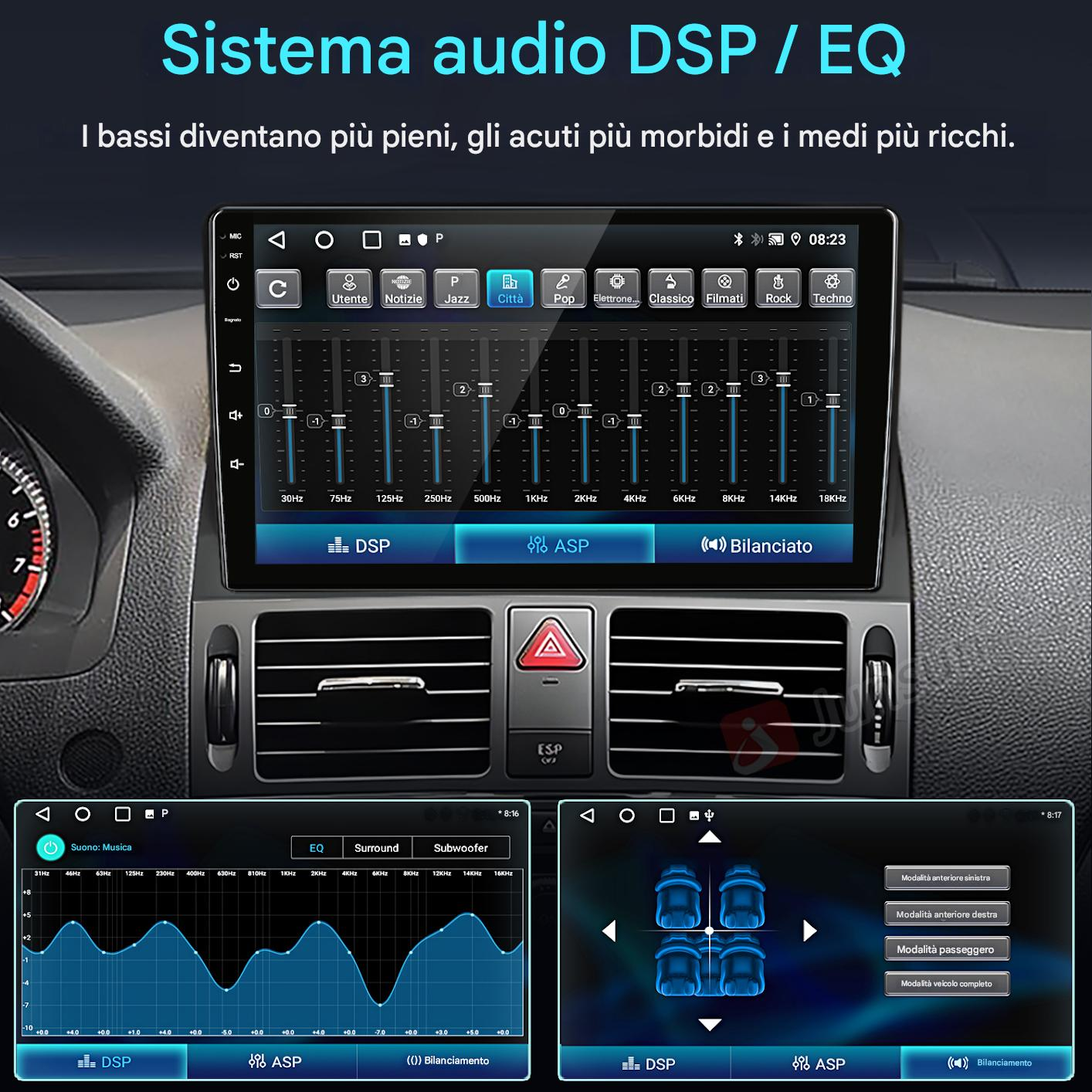 Interfaccia del sistema audio dell'auto con impostazioni dell'equalizzatore e varie modalità audio visualizzate su uno schermo.