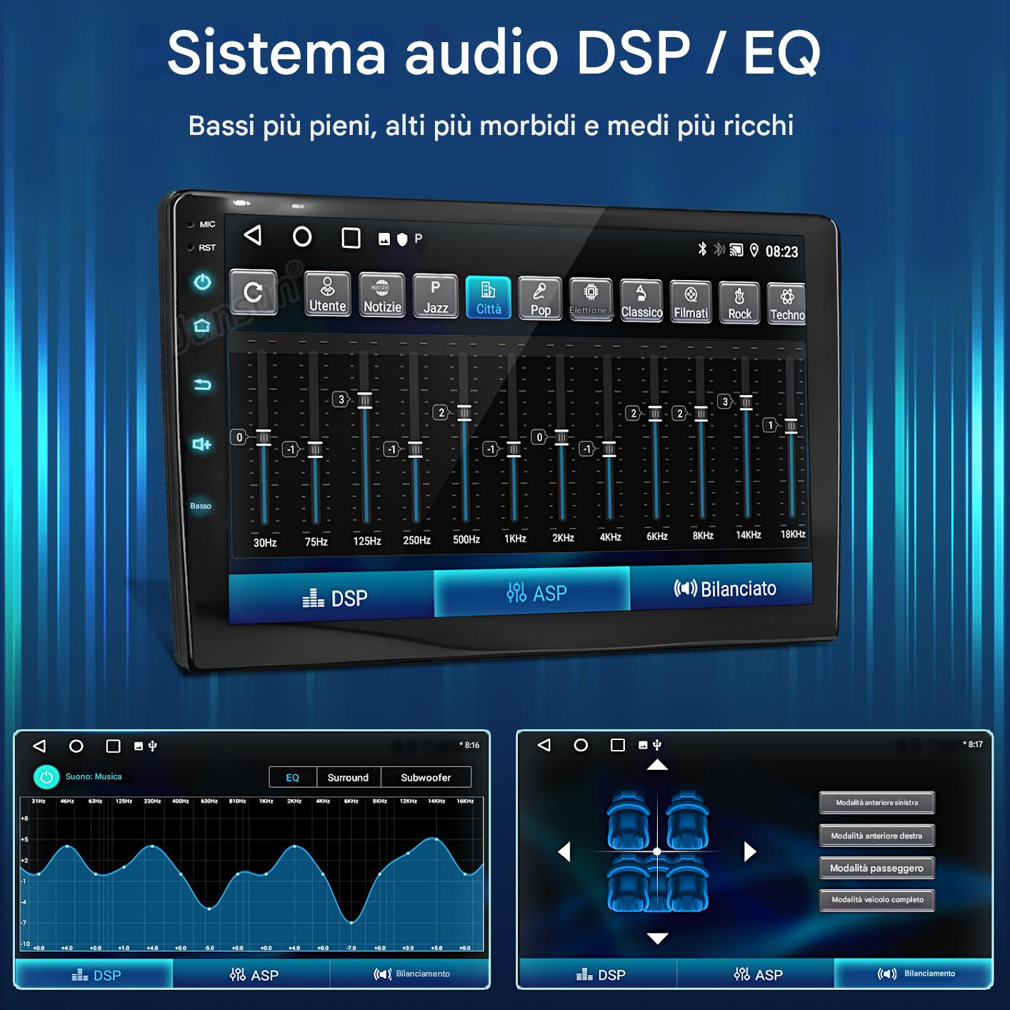 Sistema audio per auto con impostazioni DSP/EQ. Visualizza equalizzatore, modalità audio e controlli bilanciamento su schermo blu scuro.