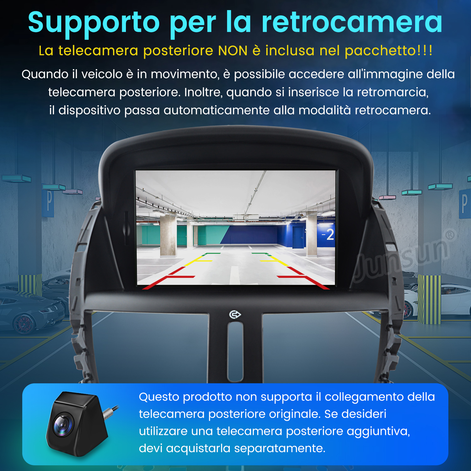 Monitor della telecamera posteriore dell'auto. Lo schermo mostra una vista del parcheggio con linee. Viene mostrata una telecamera separata.