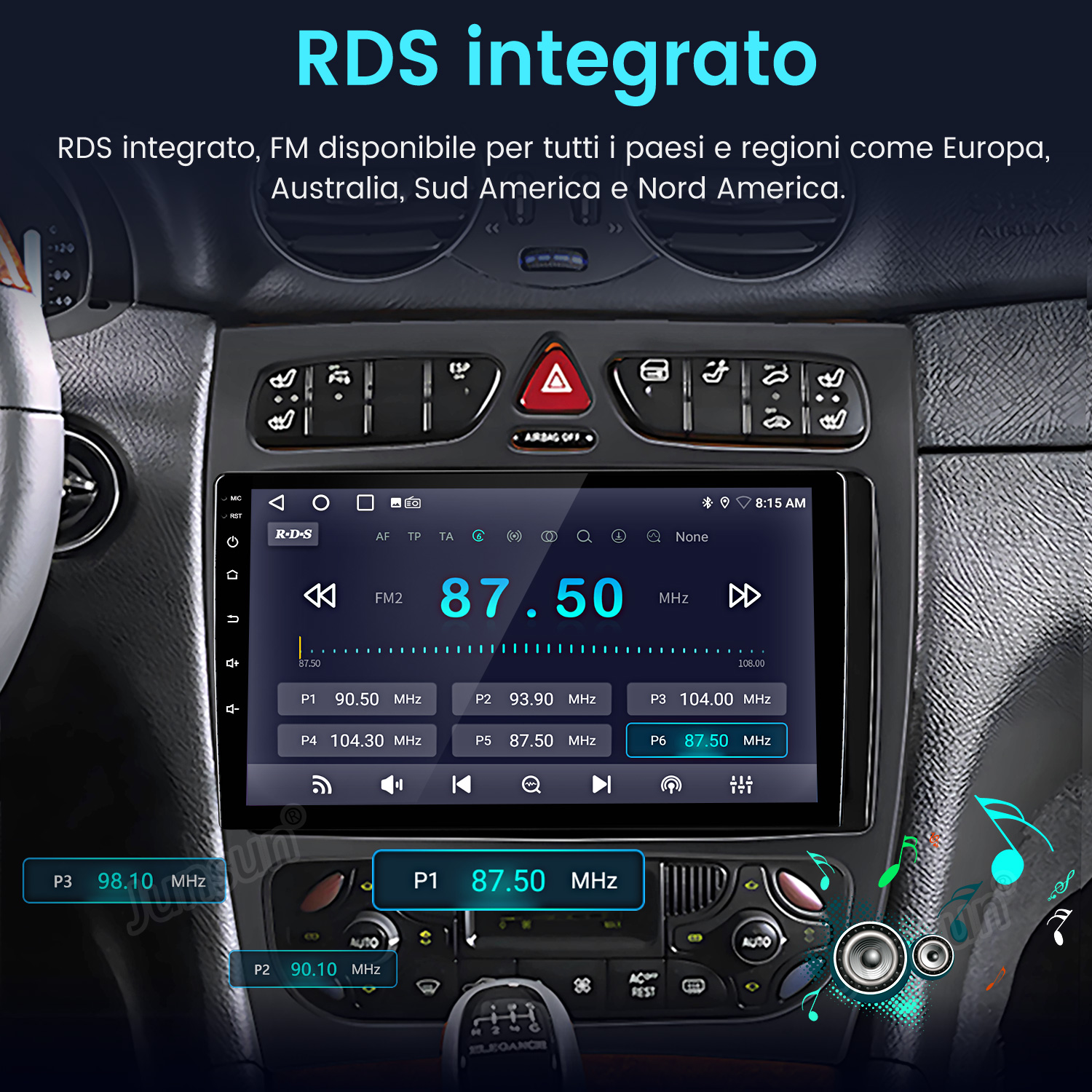 Schermo autoradio con 87,50 MHz. Testo: 'RDS integrato'. Pulsanti FM e altre funzioni visibili.