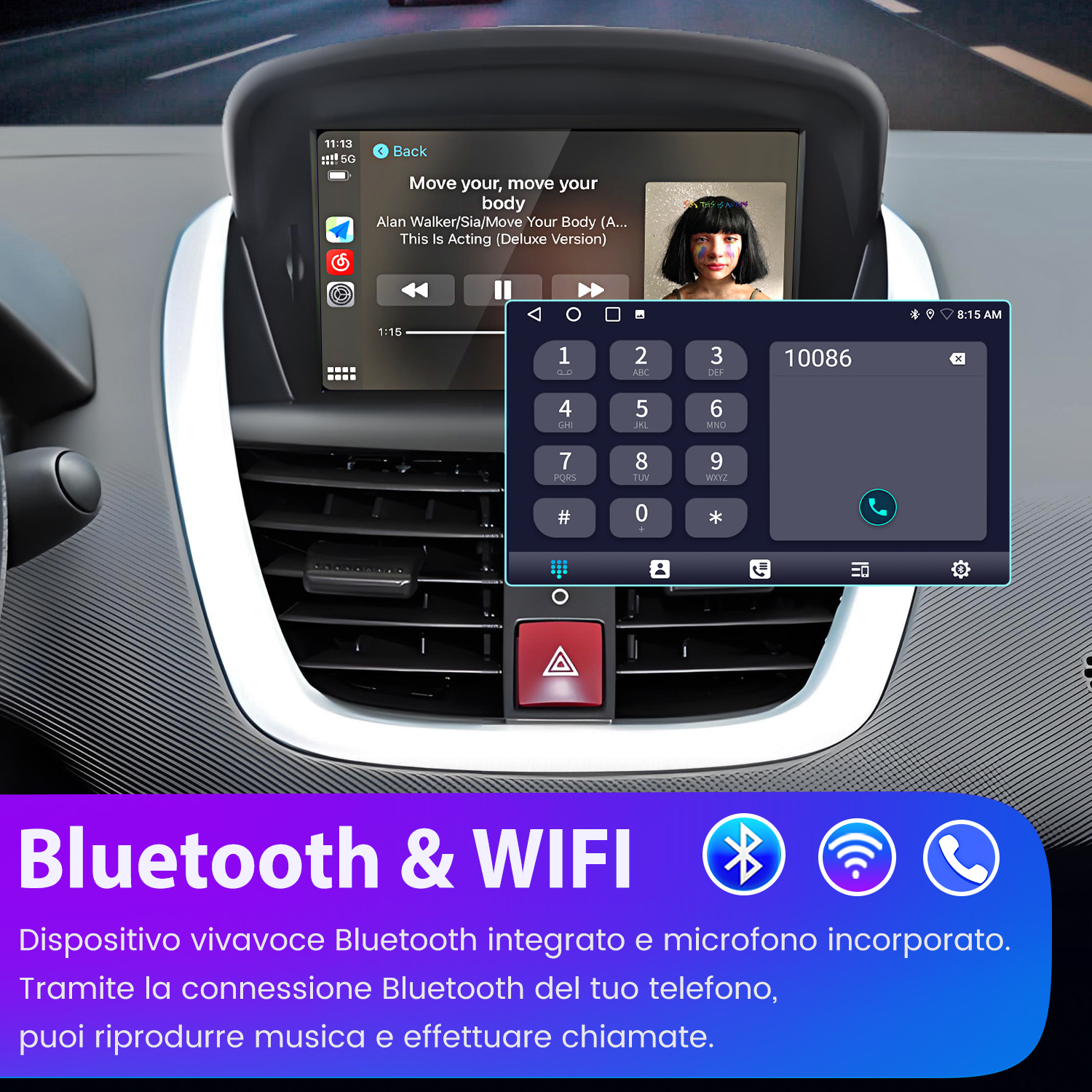 Cruscotto auto con schermo telefono, musica, icone Bluetooth e WiFi.