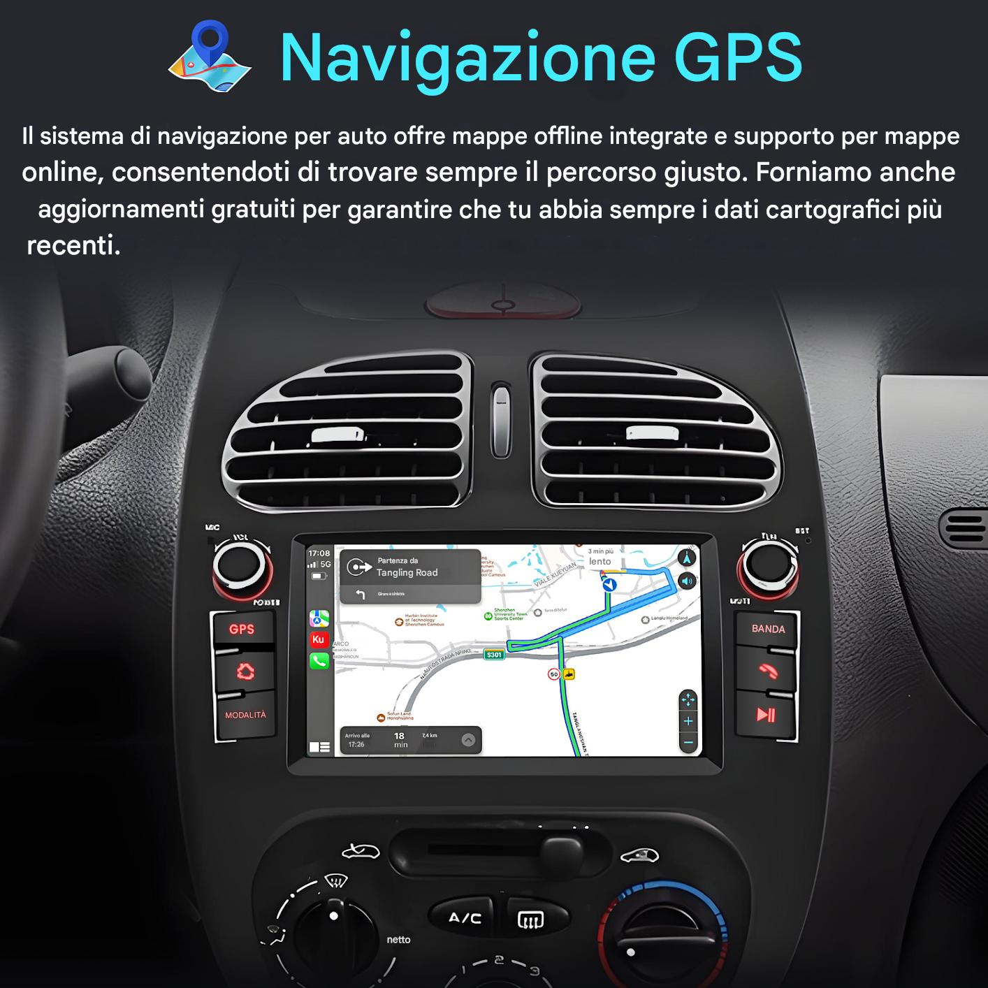 Cruscotto auto con navigazione GPS. Mappa e percorso mostrati. Pulsanti e controlli visibili.