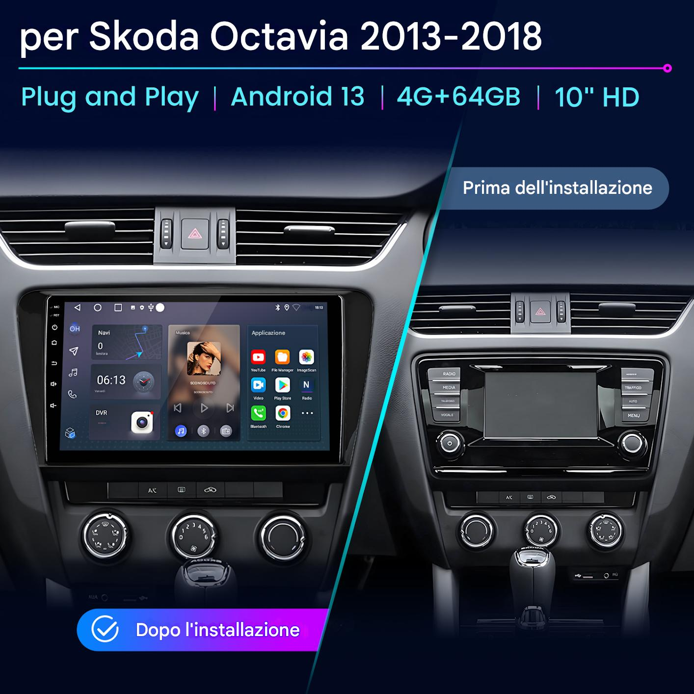 Cruscotto dell'auto che mostra il prima e il dopo l'installazione di un nuovo sistema Android con touchscreen.
