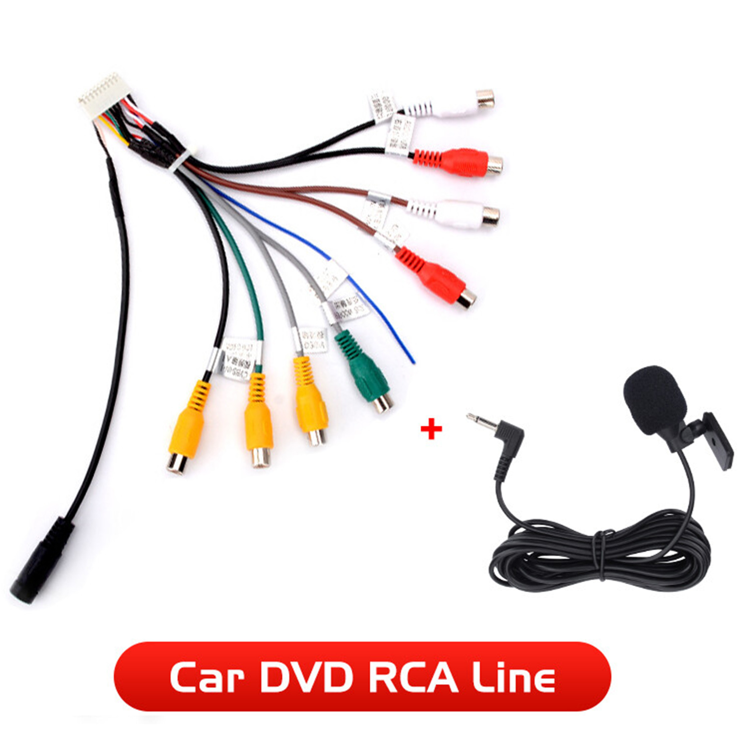 Un set di cavi RCA per DVD per auto con connettori di vari colori, un microfono e un segno più, su sfondo bianco.