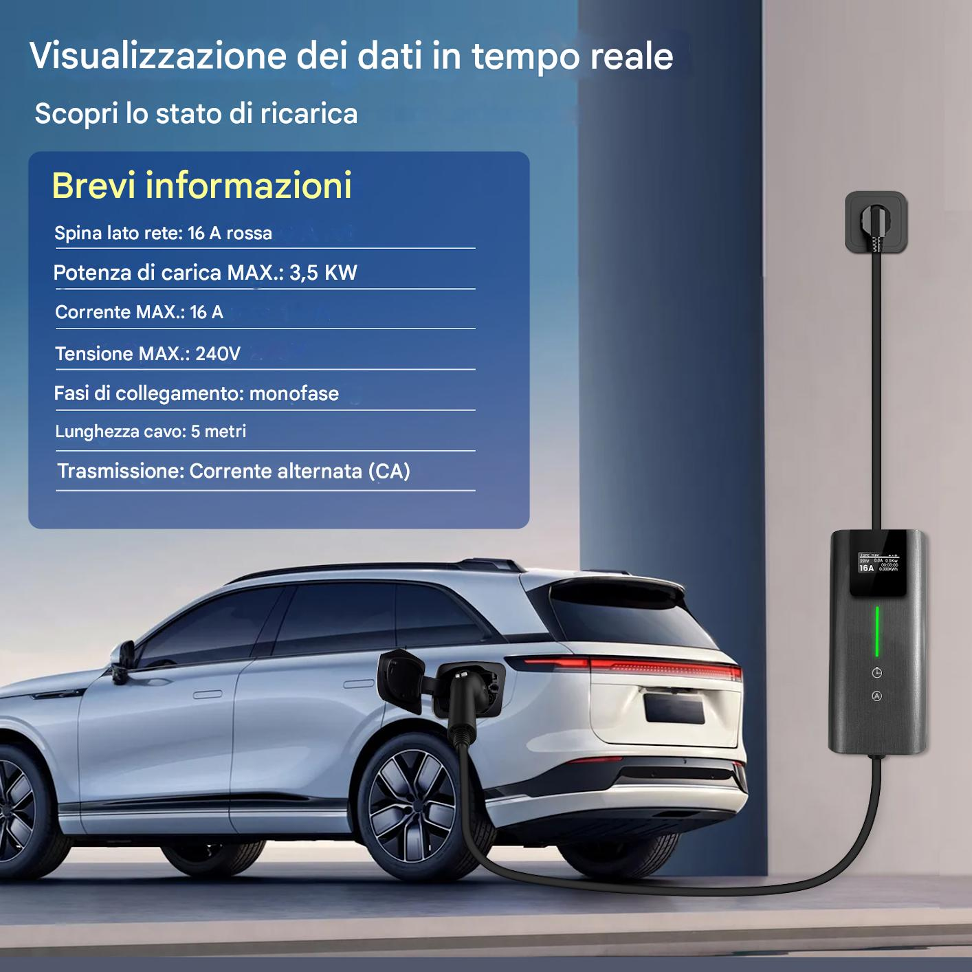 Un'auto elettrica è collegata a una stazione di ricarica. I dati vengono visualizzati. La stazione ha una luce verde e uno schermo.