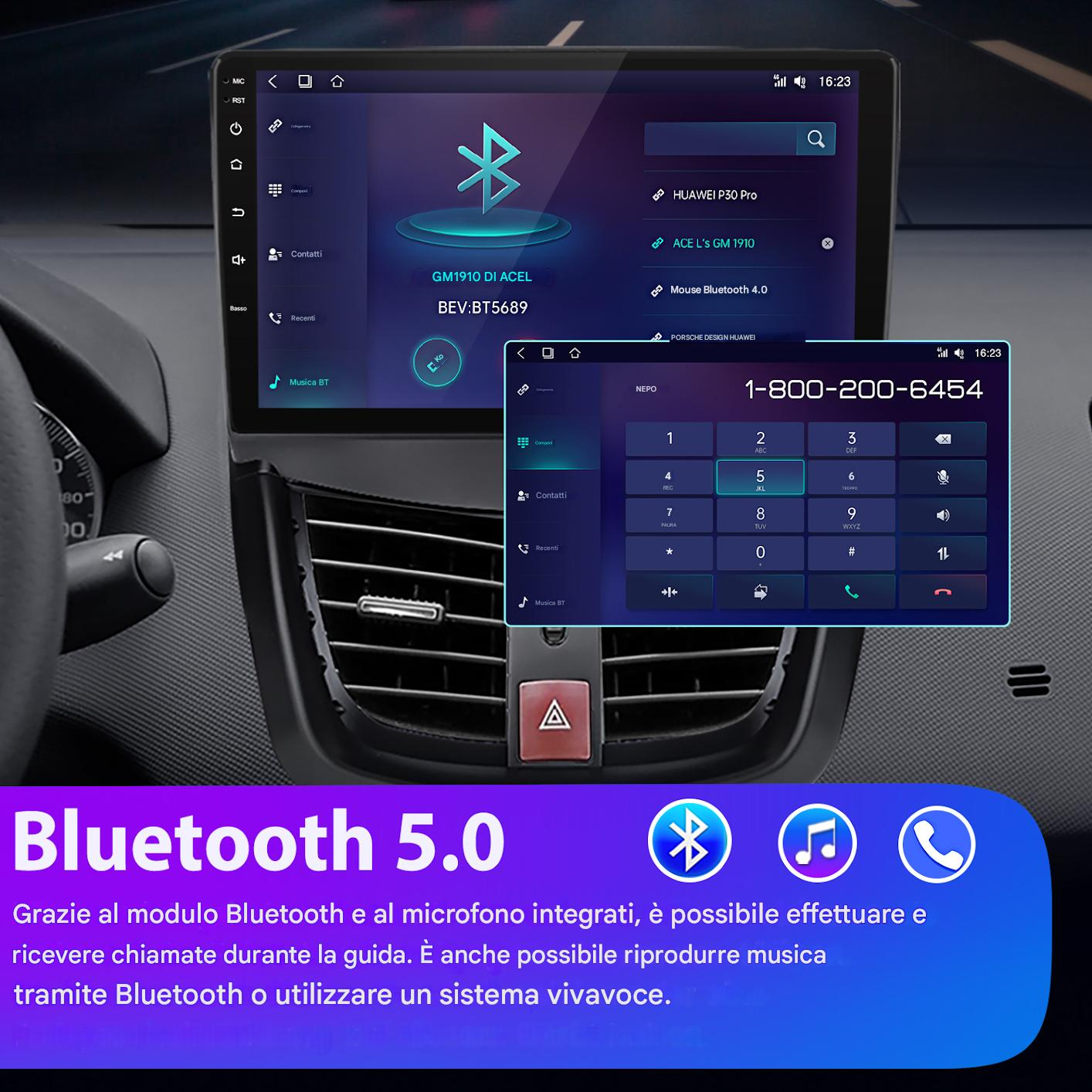 Cruscotto auto con interfaccia Bluetooth 5.0, tastierino e elenco dispositivi. Testo in basso sulle funzioni Bluetooth.