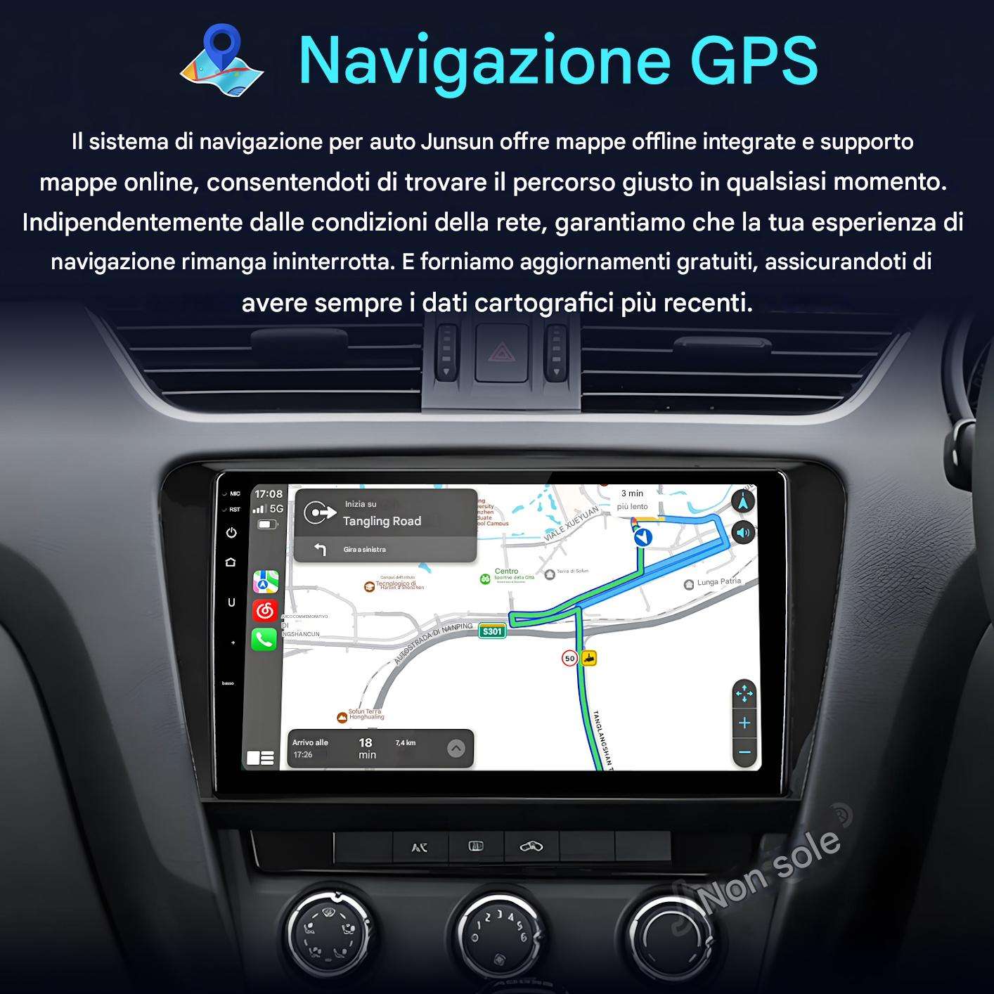 Cruscotto dell'auto con schermo di navigazione GPS che mostra una mappa con guida del percorso. Lo schermo mostra nomi di strade e indicazioni.