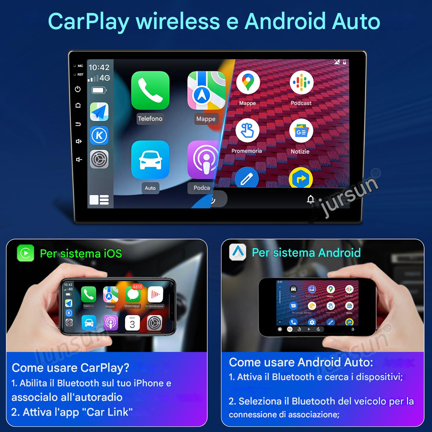 Schermata CarPlay e Android Auto che mostra le icone delle app. Sotto, vengono visualizzate le istruzioni su come utilizzare CarPlay e Android Auto.