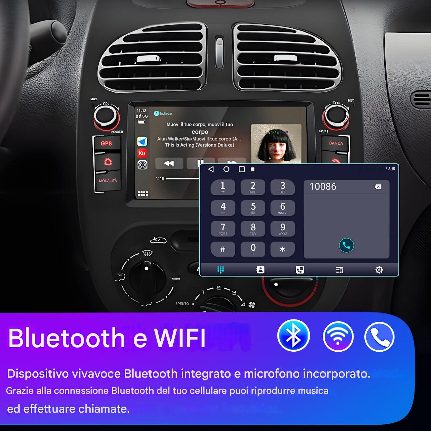 Cruscotto dell'auto che mostra un display touchscreen con musica, con tastierino per comporre numeri.