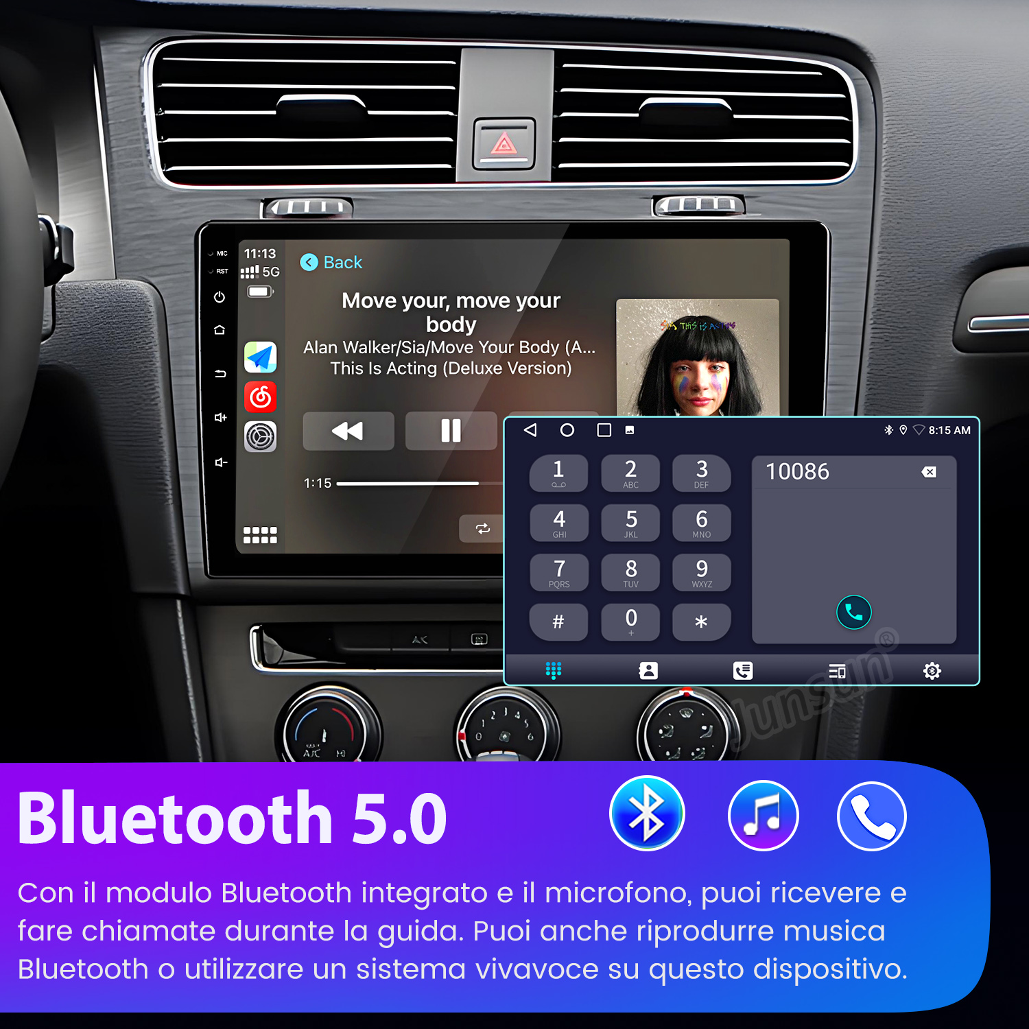 Cruscotto auto con schermo multimediale che riproduce musica, tastierino telefonico e informazioni Bluetooth 5.0 con icone.