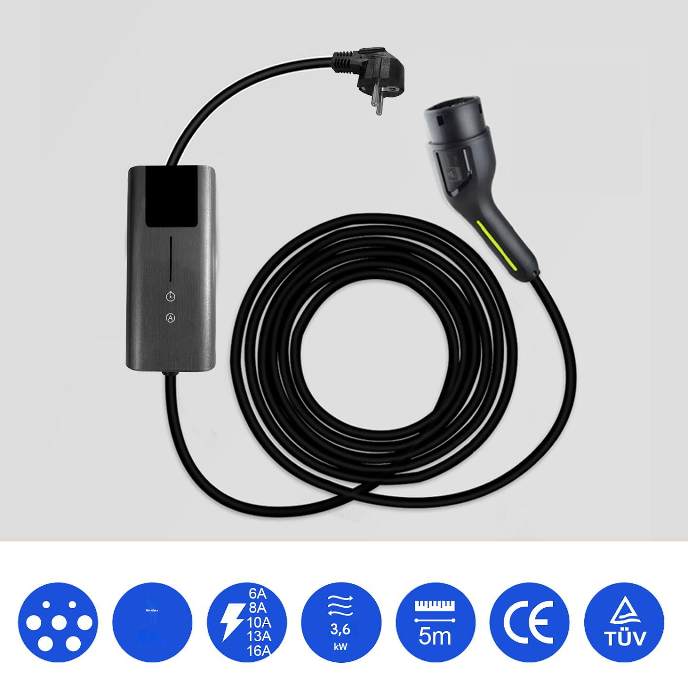 Un cavo di ricarica per veicoli elettrici con centralina, spina e connettore di ricarica neri. Cavo arrotolato. Icone in basso.
