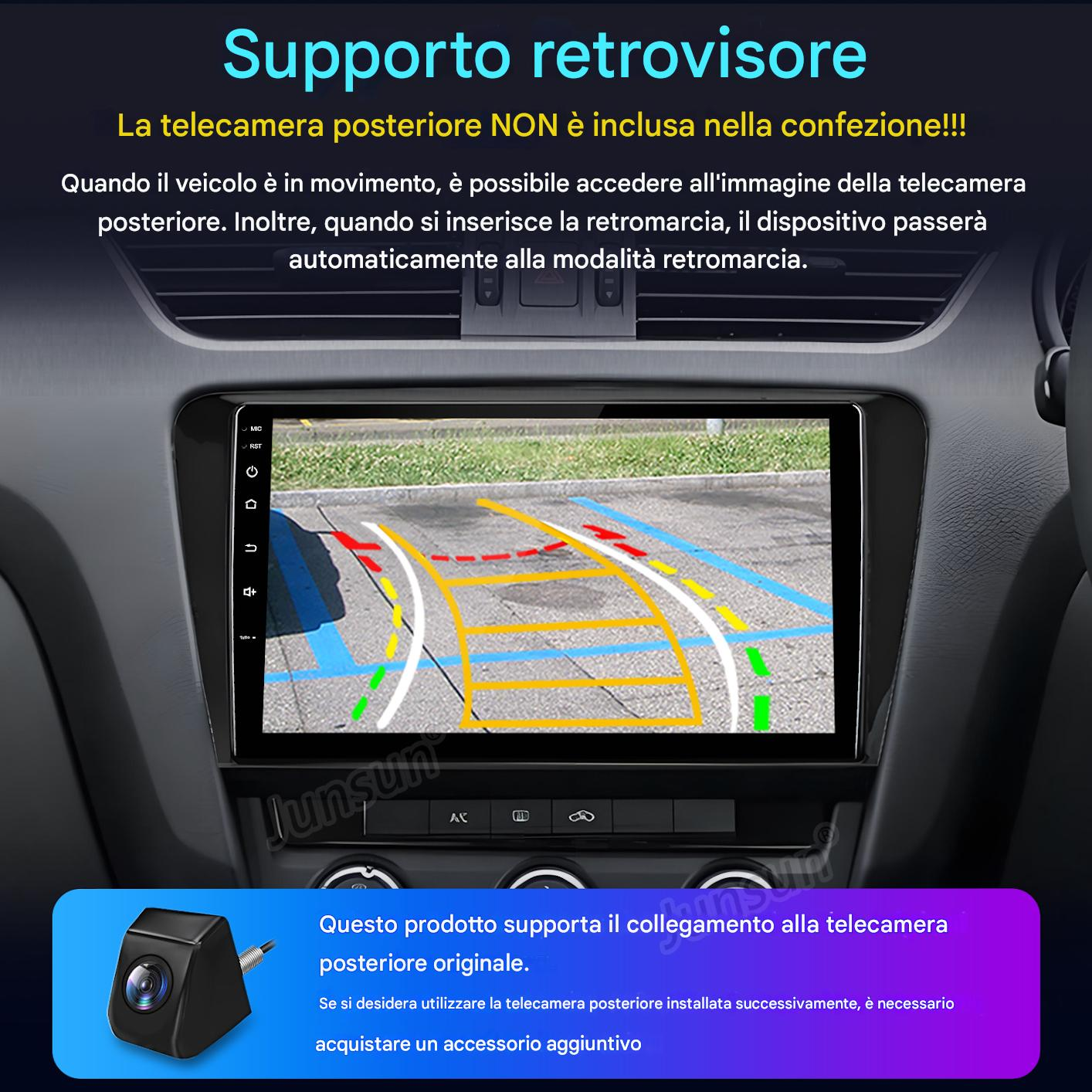 Sistema multimediale per auto che mostra la vista della telecamera di retromarcia. Il testo menziona che la telecamera posteriore non è inclusa e l'attivazione della retromarcia.