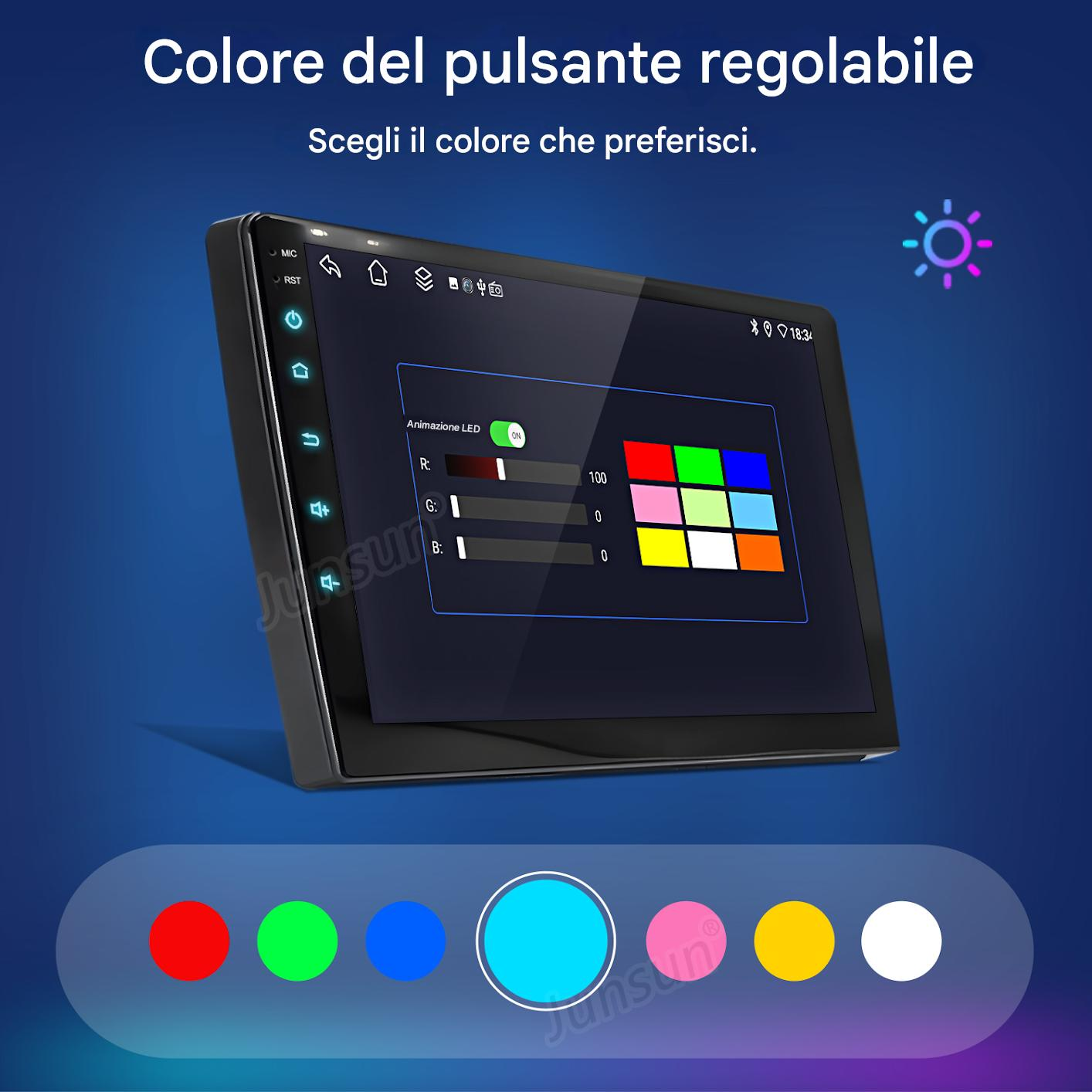 Un'interfaccia touchscreen con opzioni colore, tavolozza colori e impostazioni per rosso, verde e blu.
