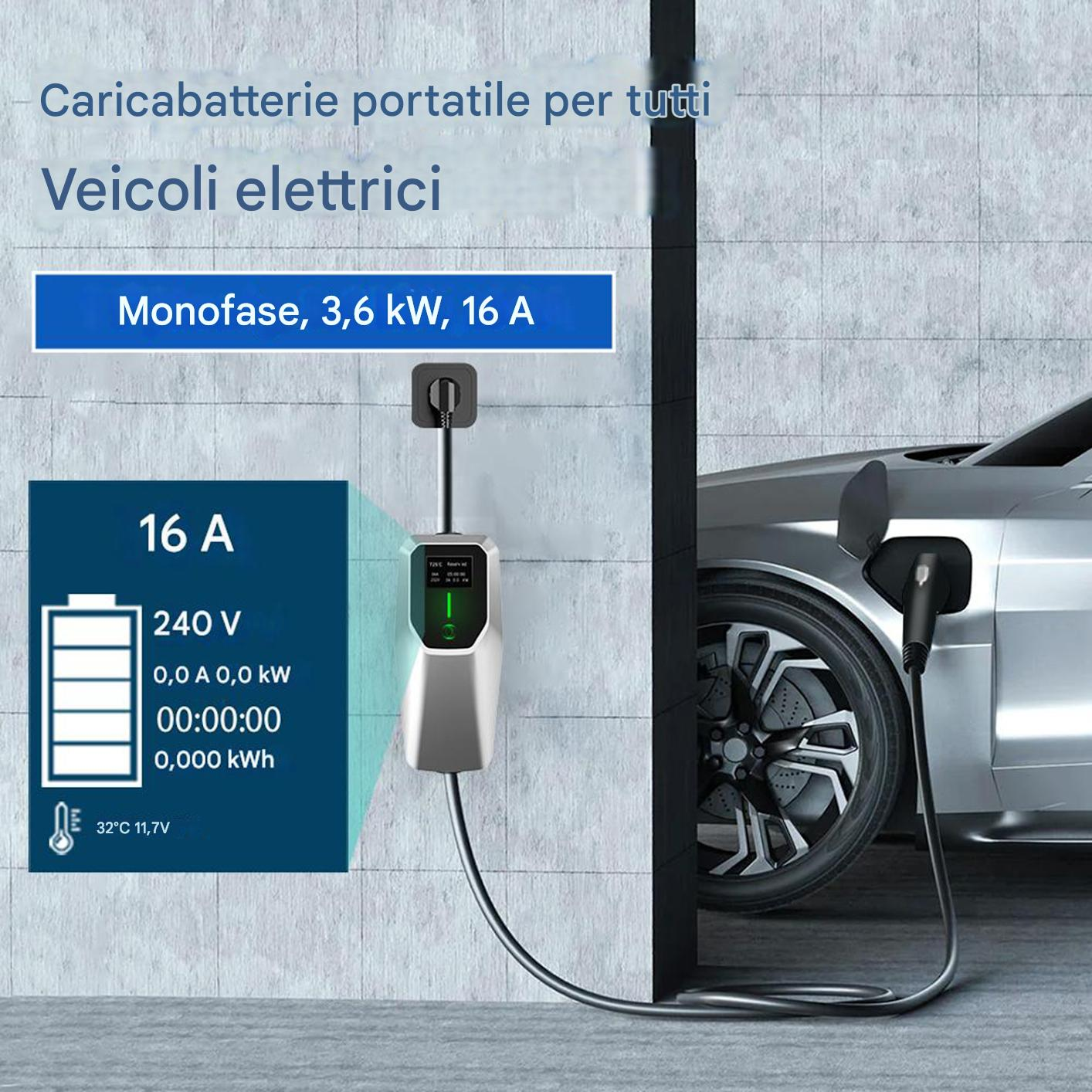 Un'auto elettrica in carica. Una stazione di ricarica con schermo è collegata all'auto. Il testo indica 16 A e 240 V.