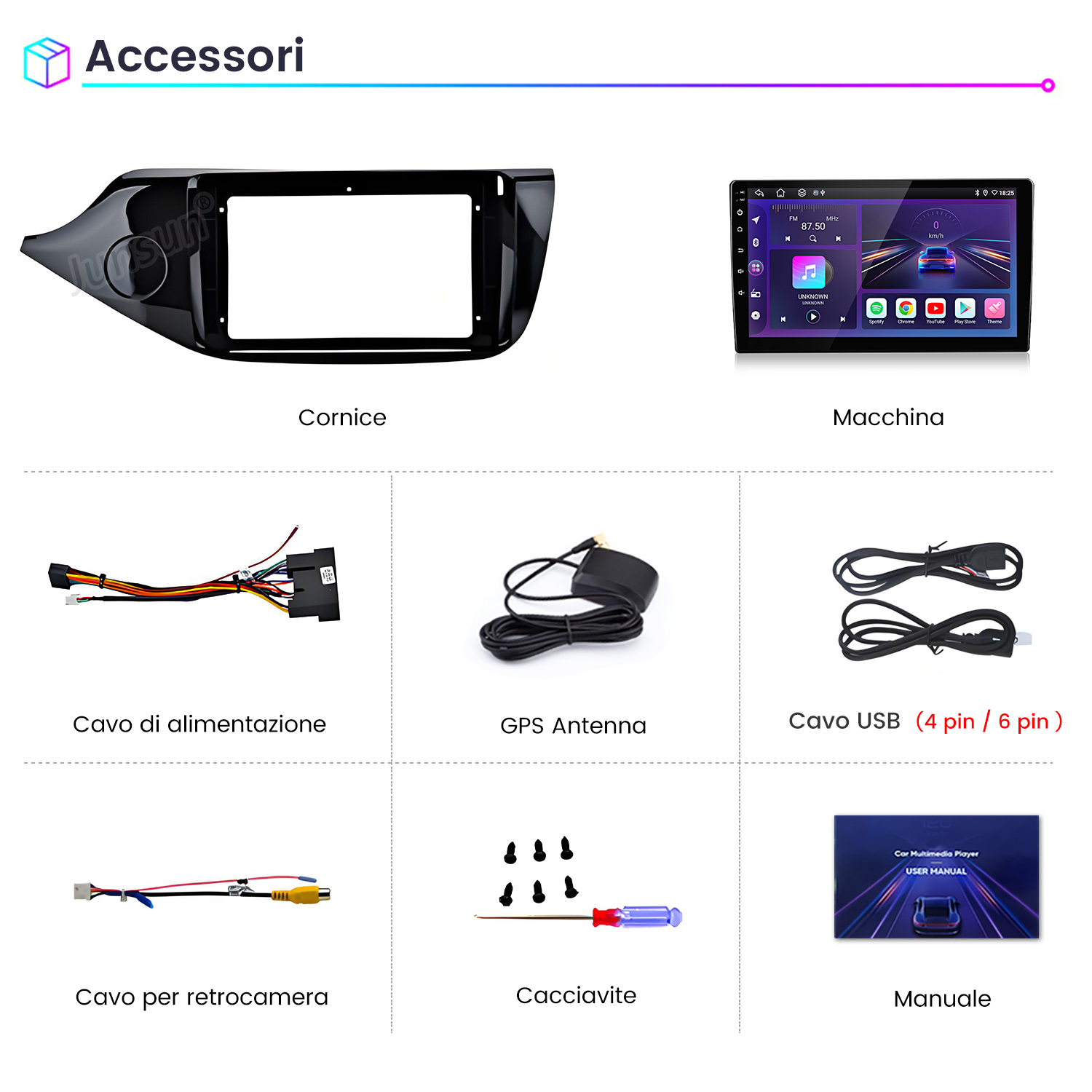 Accessori auto: cornice, lettore multimediale per auto, cavo di alimentazione, antenna GPS, cavo USB, cavo telecamera posteriore, cacciavite, manuale.