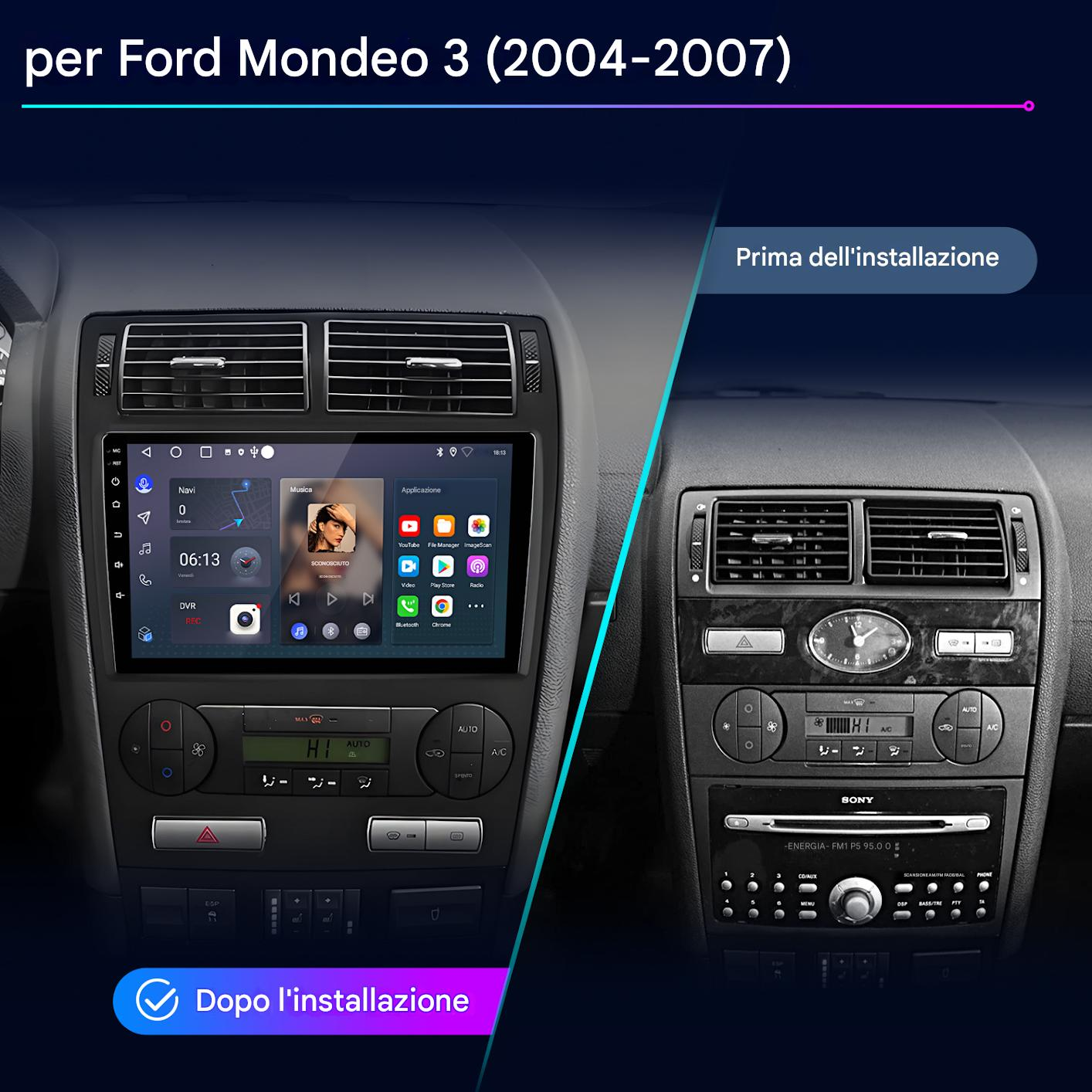 Cruscotto dell'auto che mostra prima e dopo l'installazione di un nuovo sistema di infotainment. A sinistra il nuovo, a destra il vecchio.
