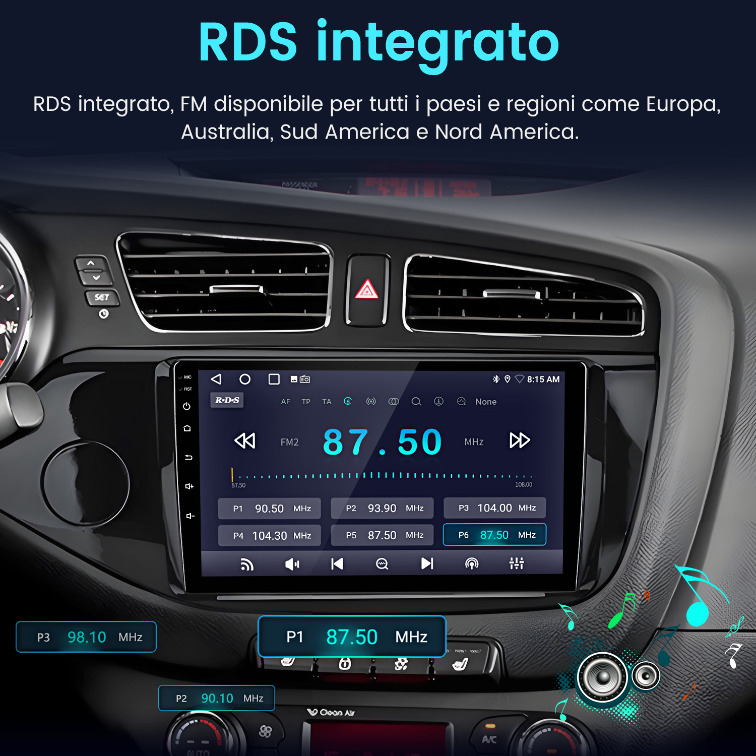 Schermo della radio dell'auto che mostra la frequenza FM 87,50 MHz. Il cruscotto include bocchette dell'aria, pulsanti e luci di emergenza.