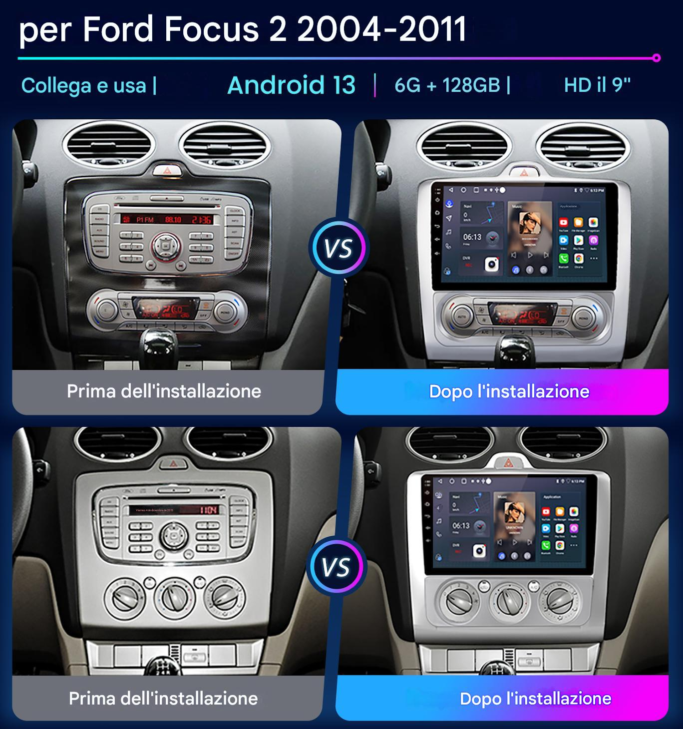 Confronto del cruscotto dell'auto prima e dopo l'installazione di un nuovo sistema Android 13 con display HD da 9 pollici.