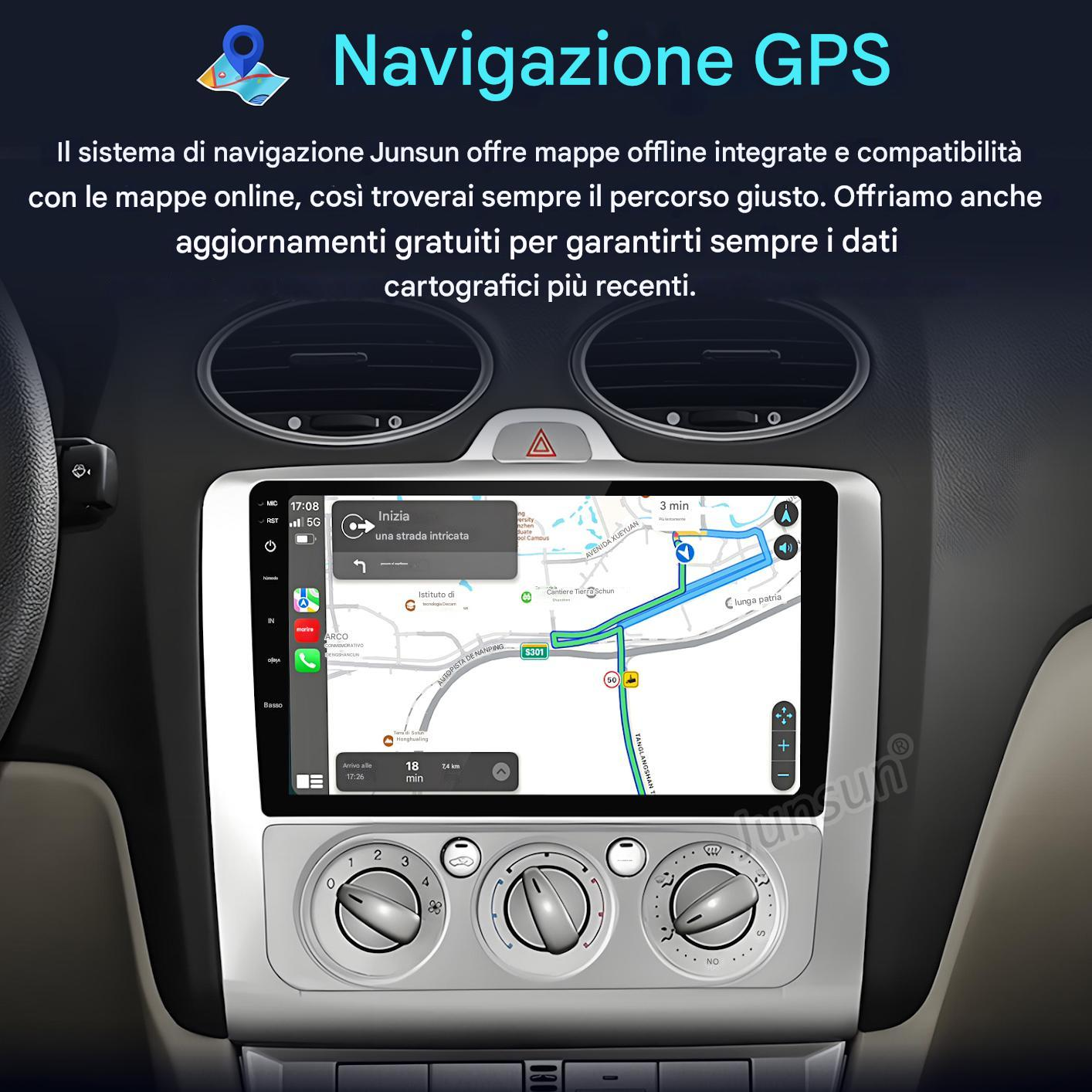 Cruscotto auto con sistema di navigazione GPS, dettagli mappa e pulsanti di controllo.