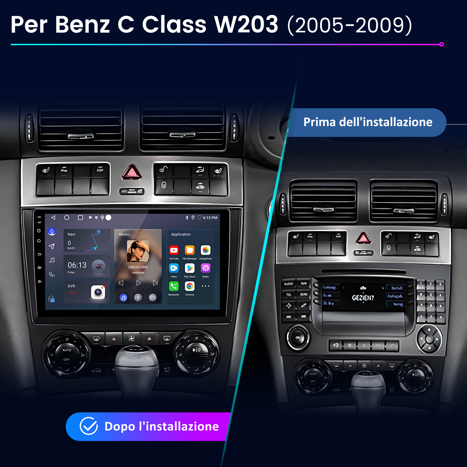 L'immagine mostra il cruscotto di un'auto prima e dopo l'installazione di un nuovo sistema multimediale. Il nuovo sistema ha un touchscreen.