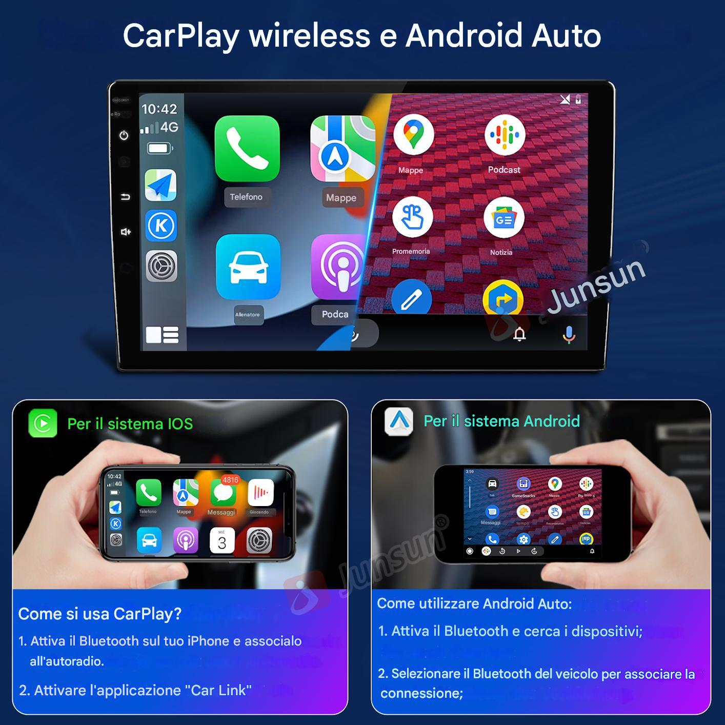 Lo schermo di un'autoradio mostra le icone delle app. Sotto, un iPhone e un telefono Android mostrano le istruzioni di configurazione di CarPlay e Android Auto.