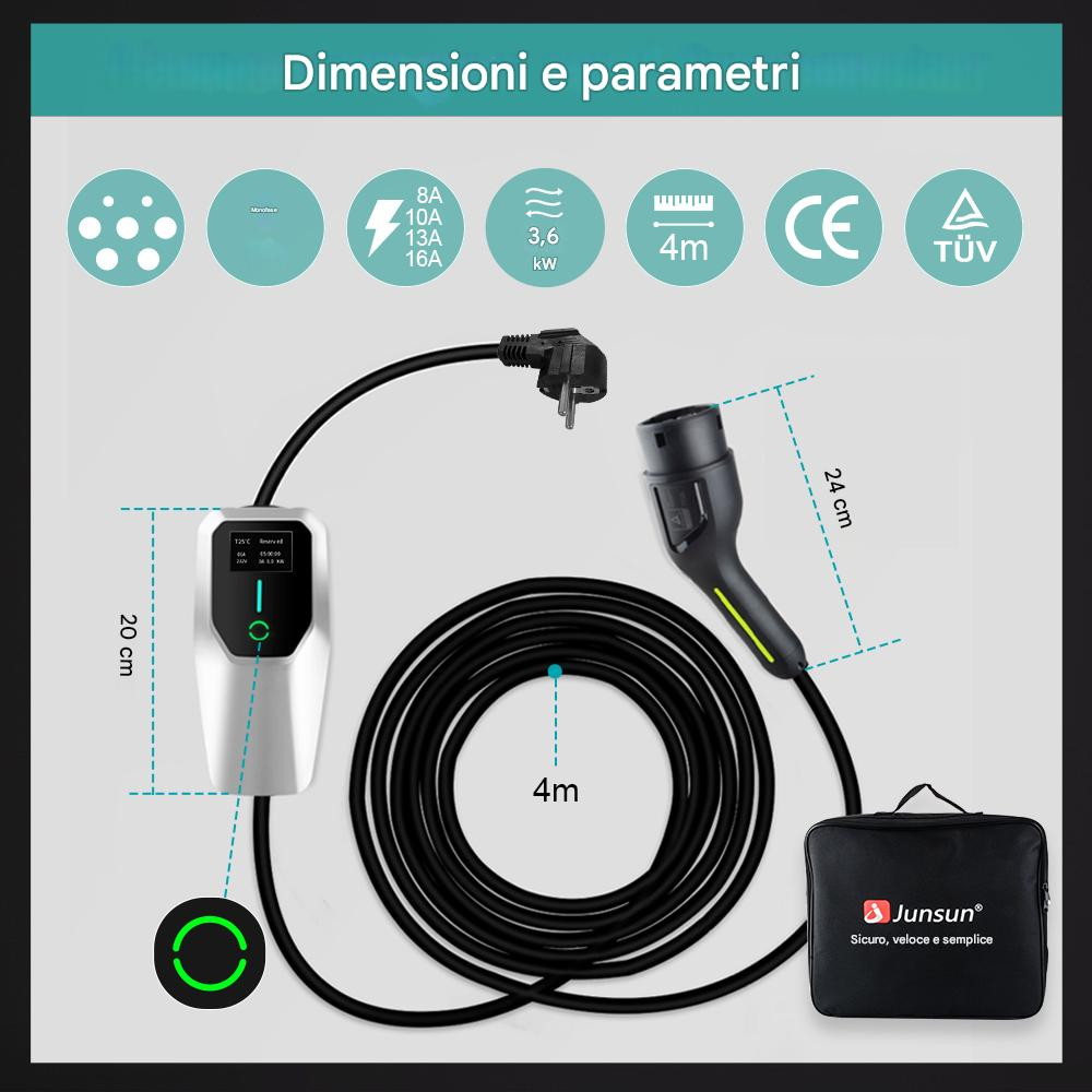 Un caricatore per veicoli elettrici con cavo nero, centralina bianca e borsa portaoggetti nera. Dimensioni e parametri sono visualizzati in alto.