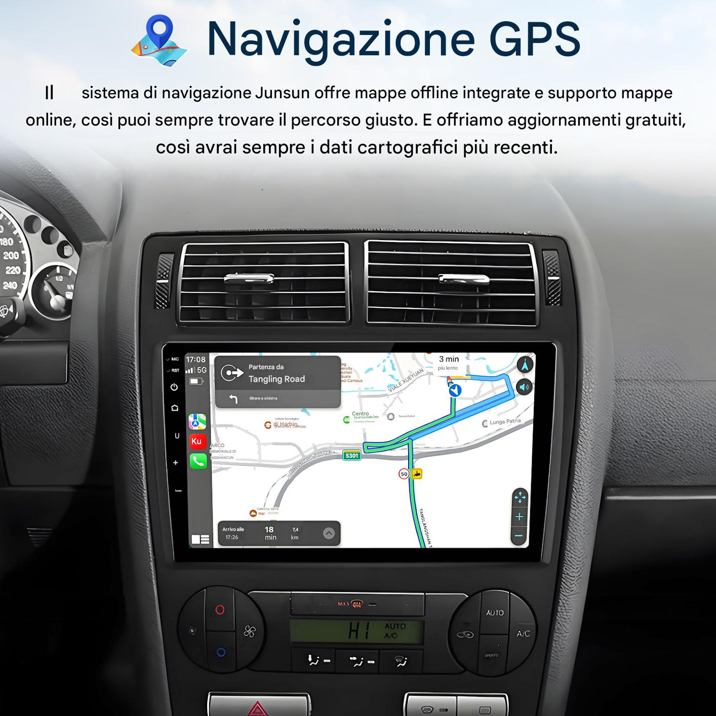 Cruscotto auto con schermo di navigazione. L'interno dell'auto è visibile, compreso il volante.