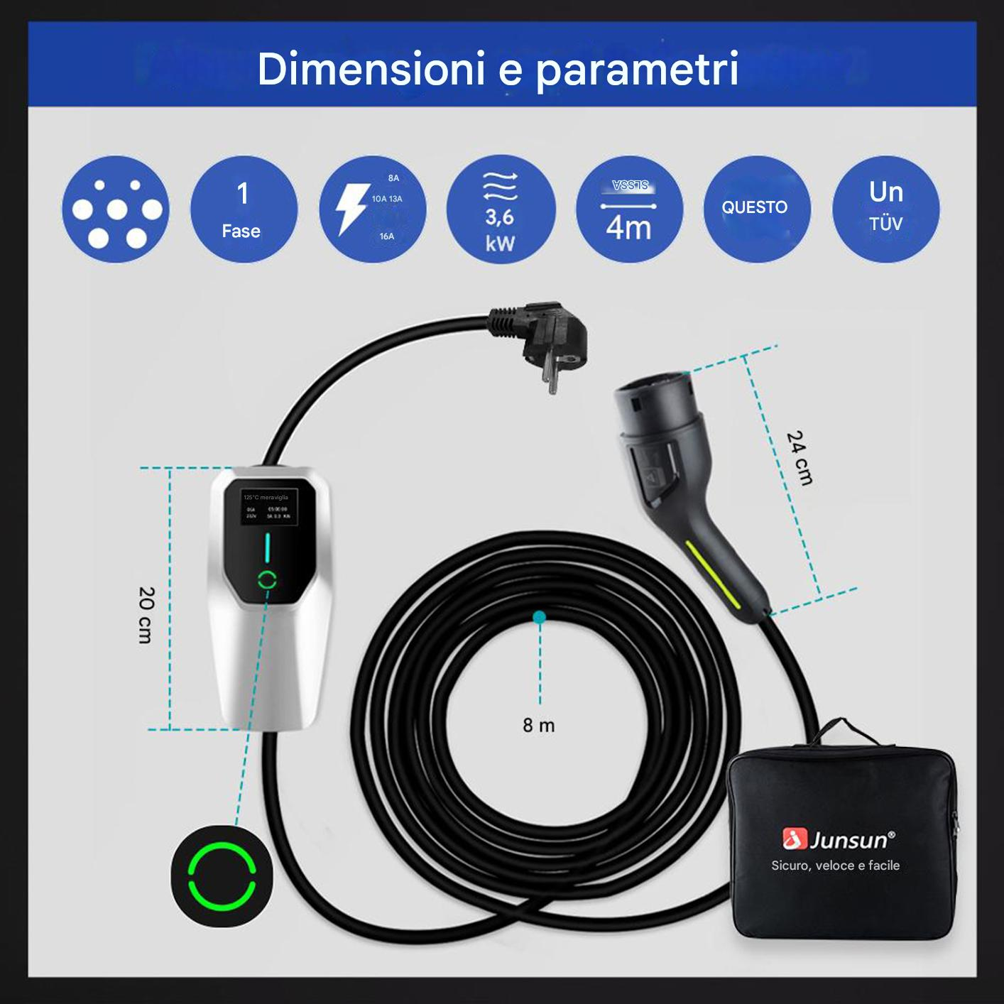 Un caricabatterie per veicoli elettrici con cavo nero, centralina e spina. Le dimensioni sono indicate, insieme a una borsa con l'etichetta 'Junsun'.